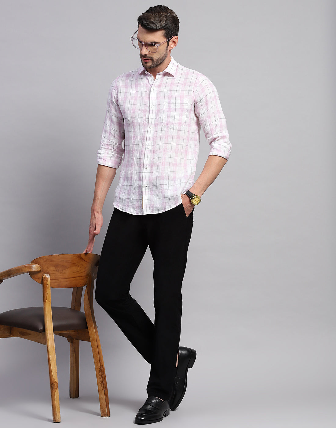 Men Purple Check Collar Neck Full Sleeve Linen Shirt