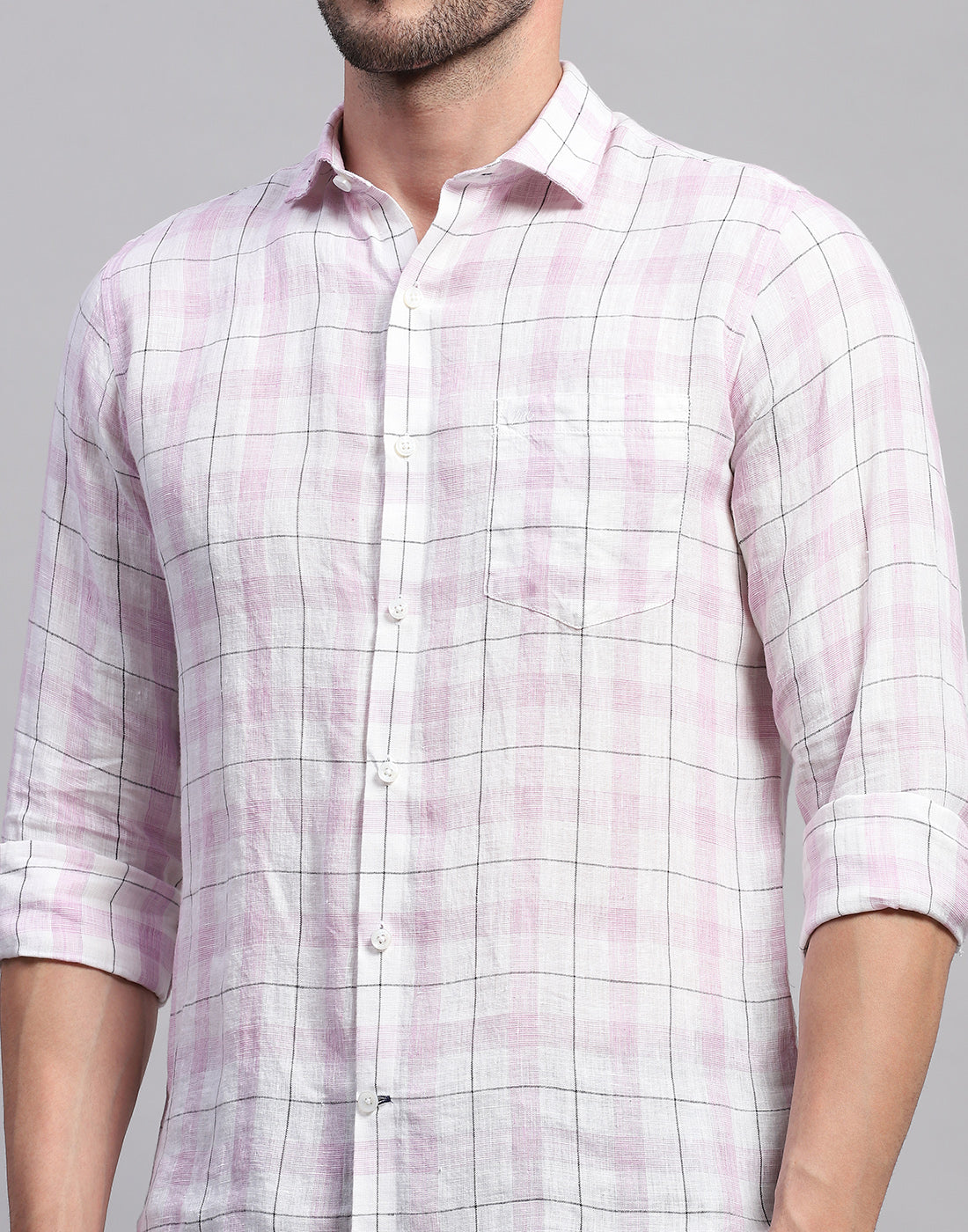 Men Purple Check Collar Neck Full Sleeve Linen Shirt