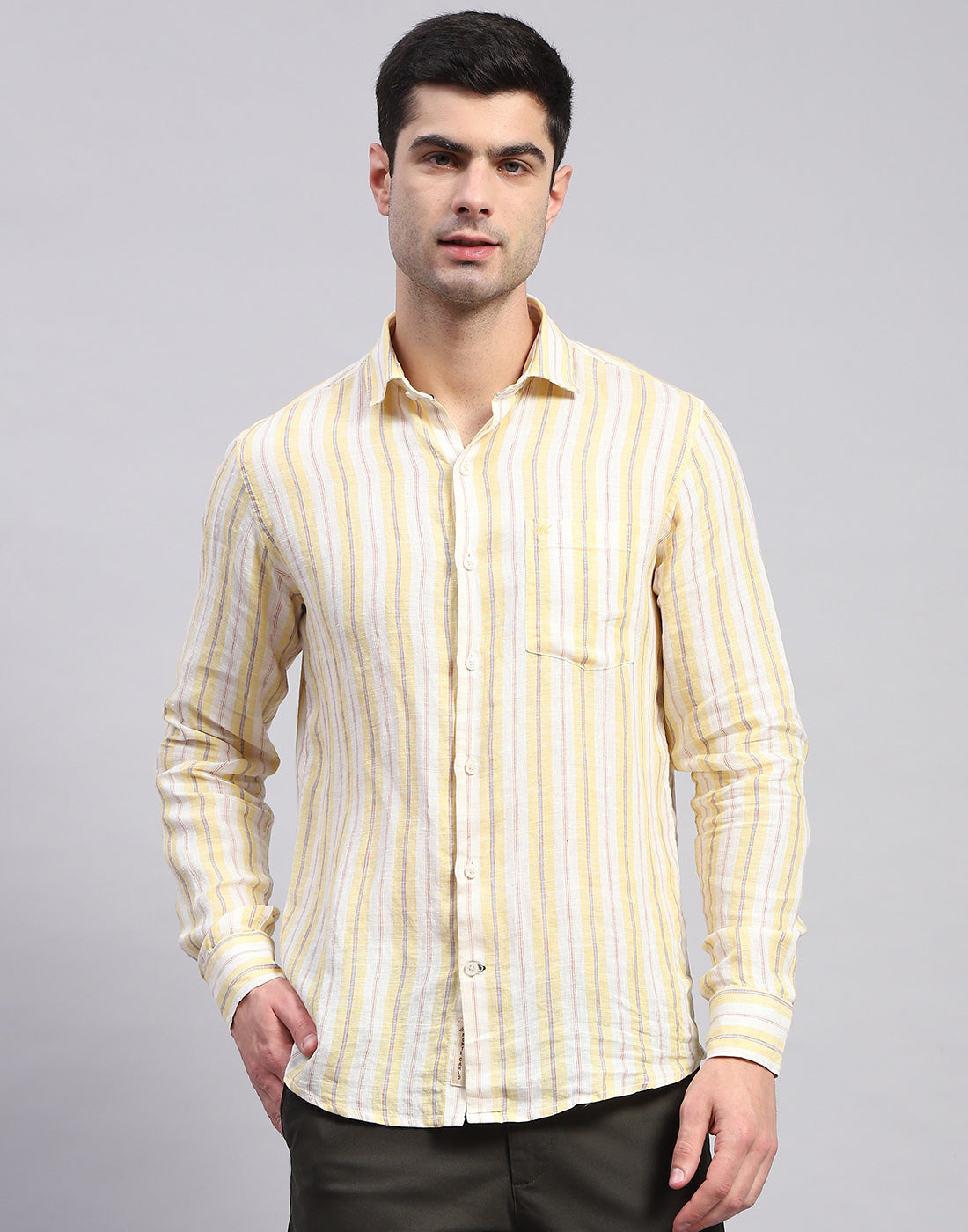 Men Yellow Stripe Collar Full Sleeve Shirt