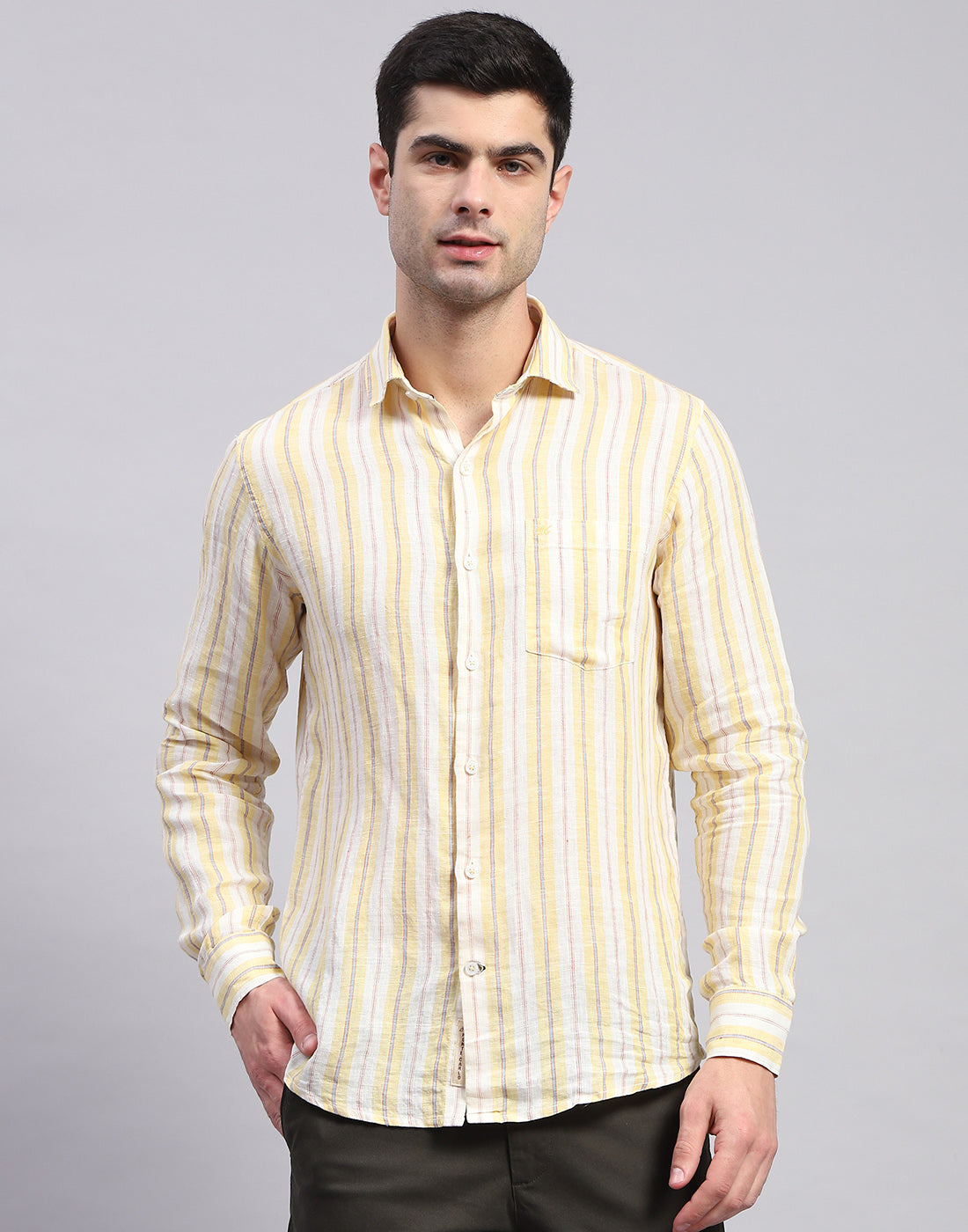 Men Yellow Stripe Collar Full Sleeve Linen Shirt