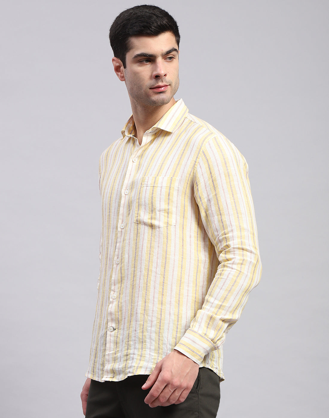 Men Yellow Stripe Collar Full Sleeve Linen Shirt