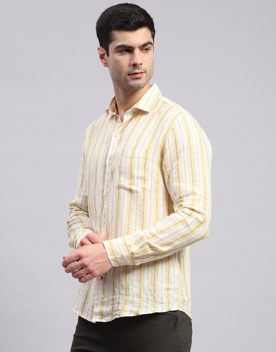 Men Yellow Stripe Collar Full Sleeve Linen Shirt