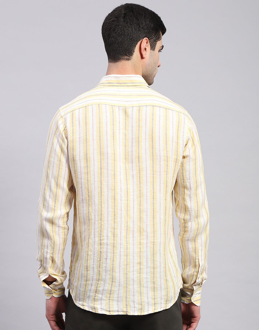 Men Yellow Stripe Collar Full Sleeve Linen Shirt