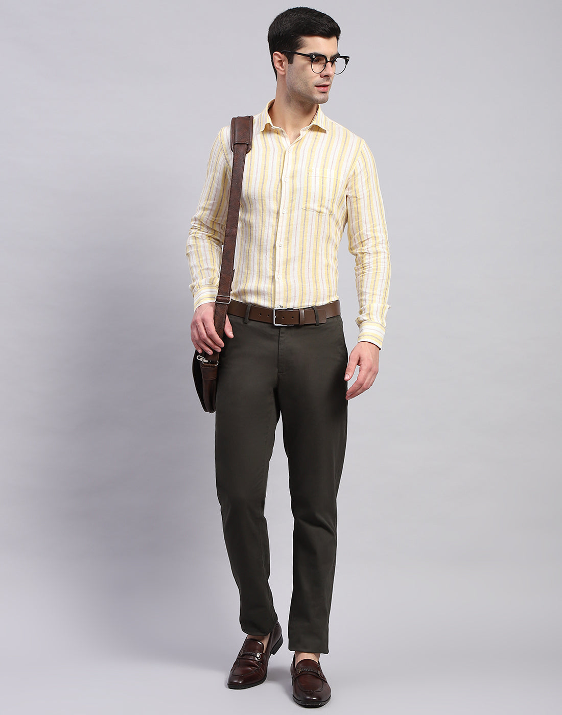 Men Yellow Stripe Collar Full Sleeve Linen Shirt