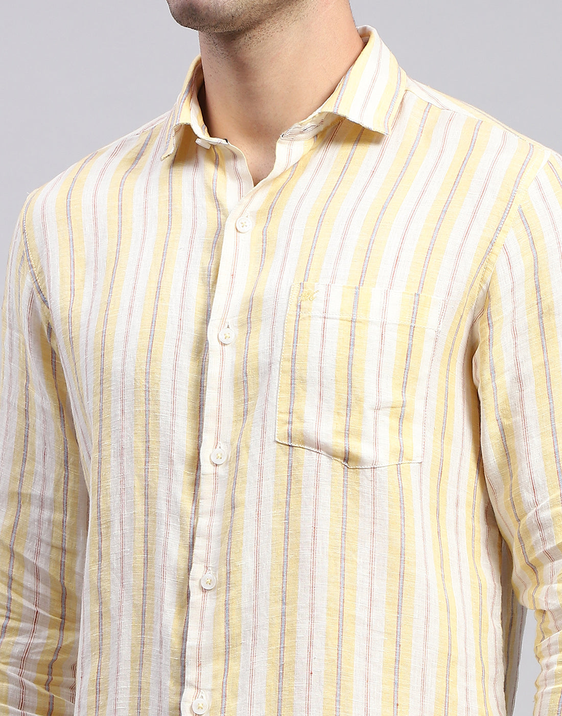 Men Yellow Stripe Collar Full Sleeve Linen Shirt