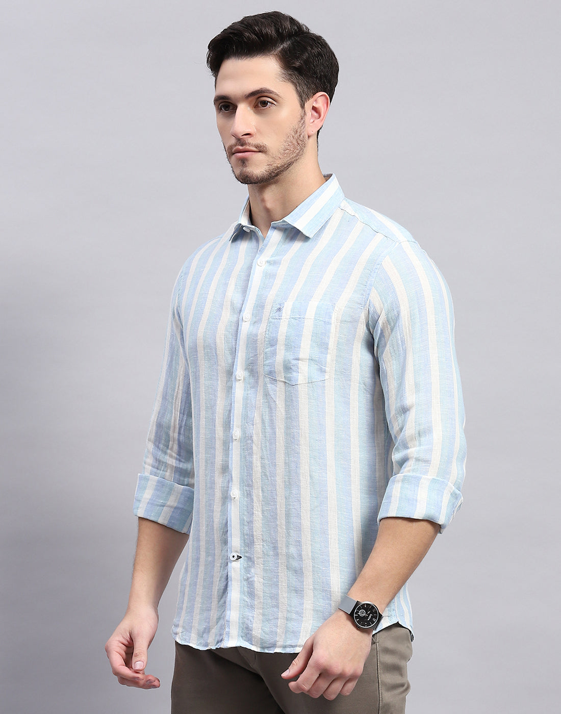 Men Blue Stripe Collar Full Sleeve Linen Shirt