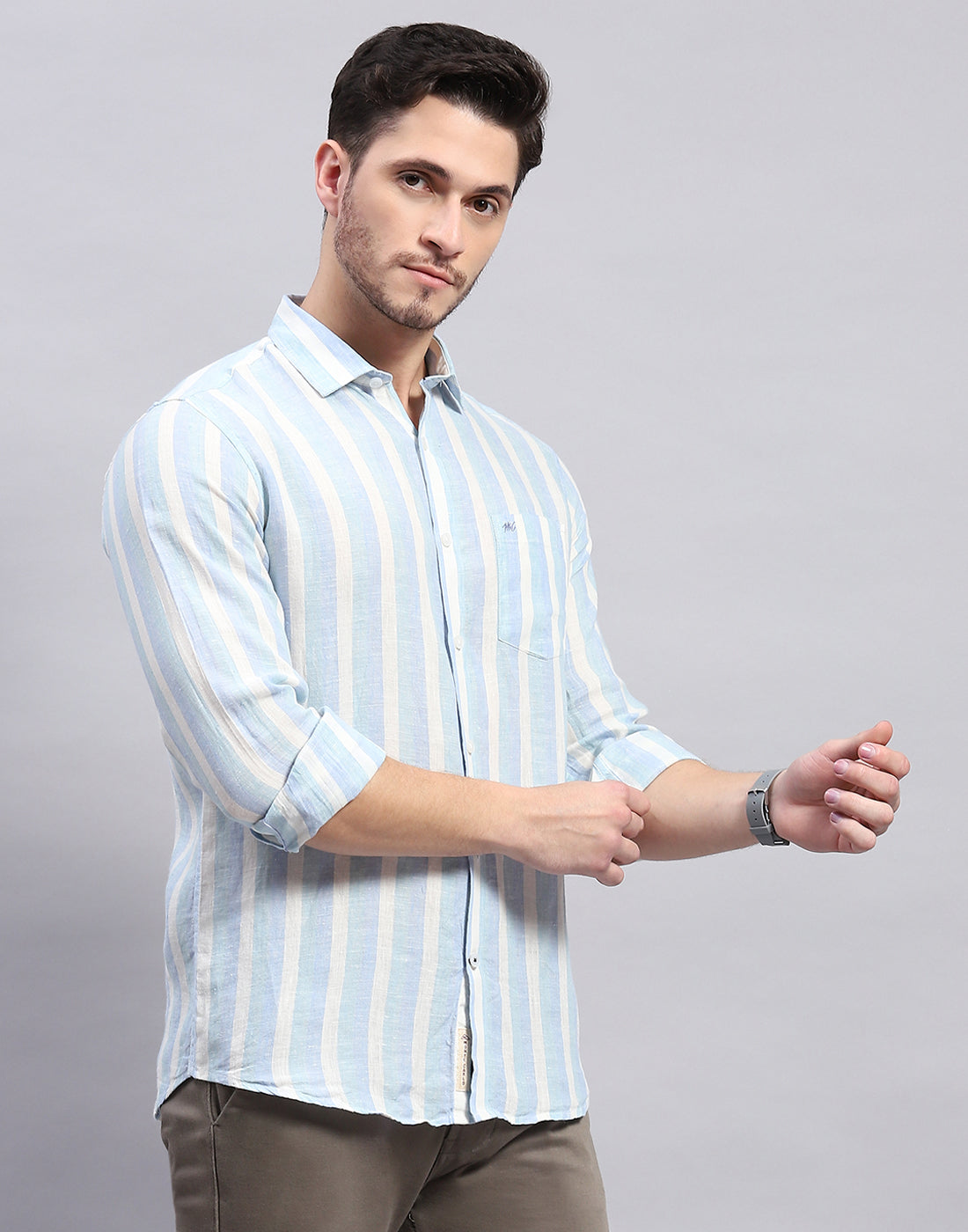 Men Blue Stripe Collar Full Sleeve Linen Shirt
