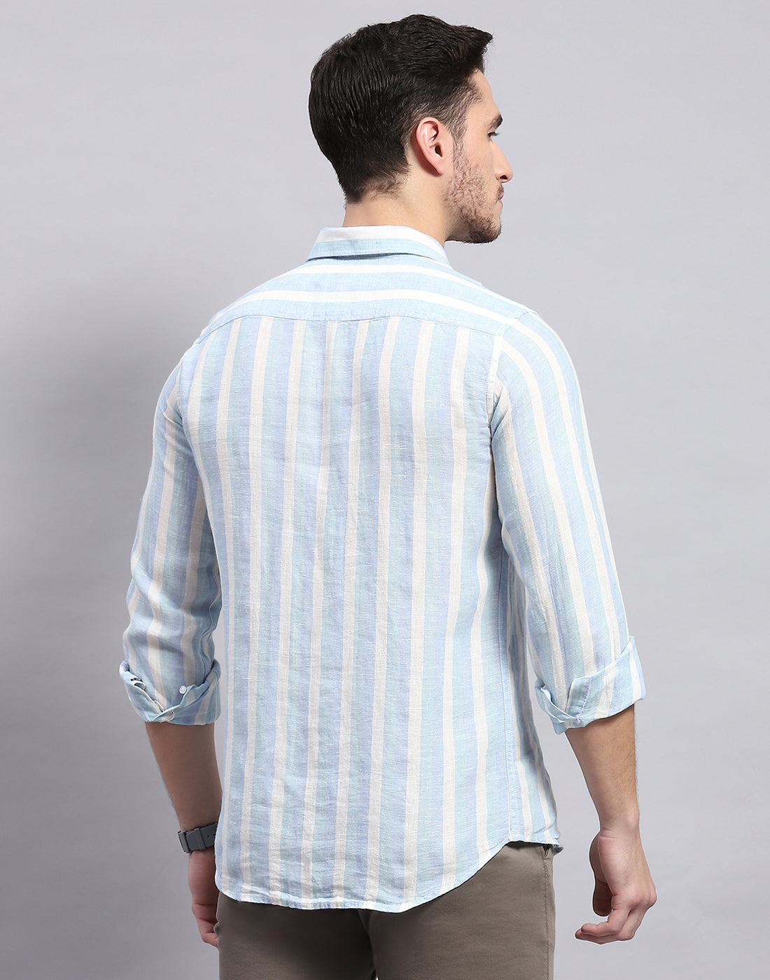 Men Blue Stripe Collar Full Sleeve Linen Shirt