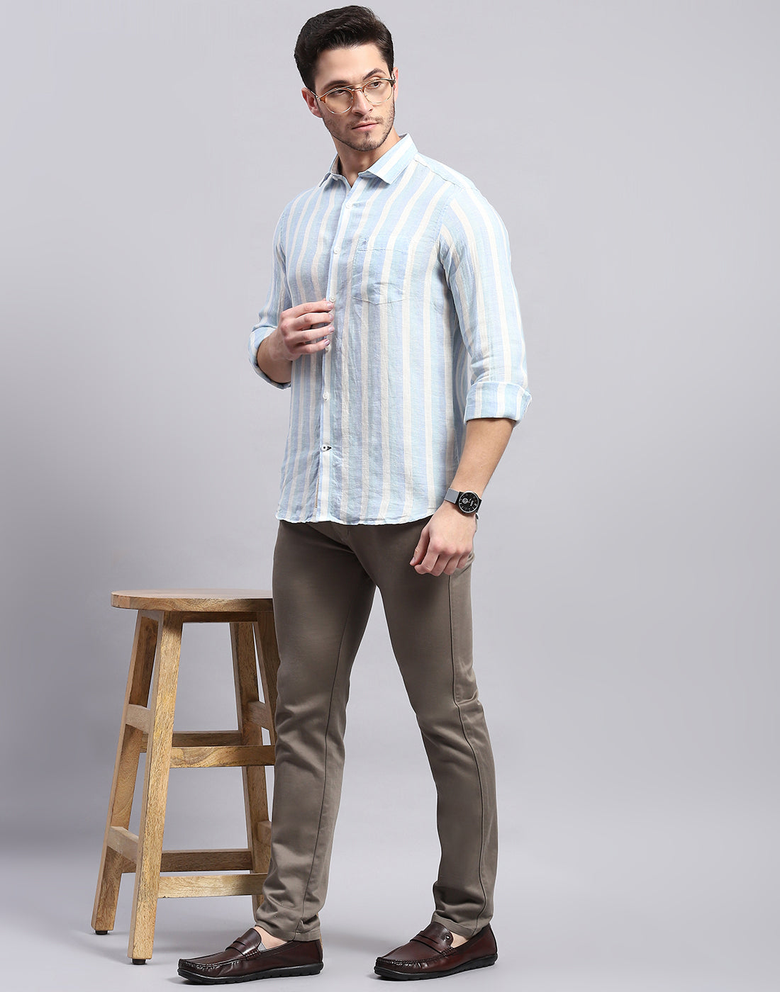 Men Blue Stripe Collar Full Sleeve Linen Shirt