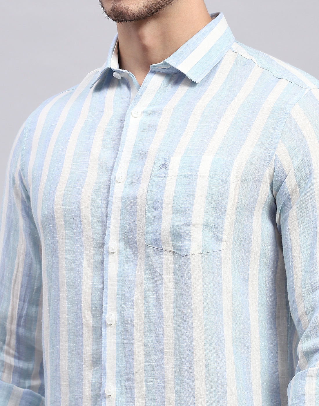 Men Blue Stripe Collar Full Sleeve Linen Shirt