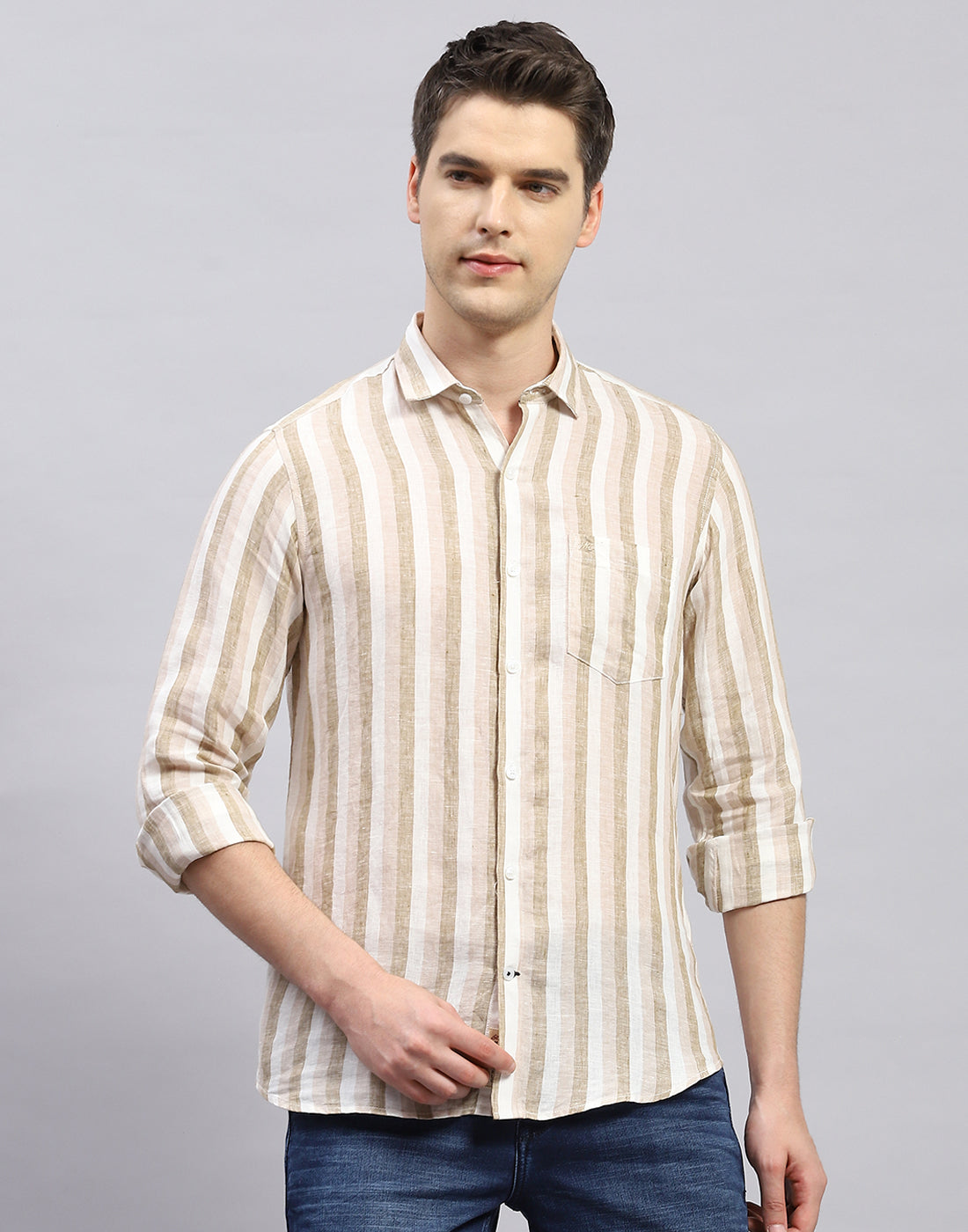 Men Brown Stripe Collar Full Sleeve Linen Shirt
