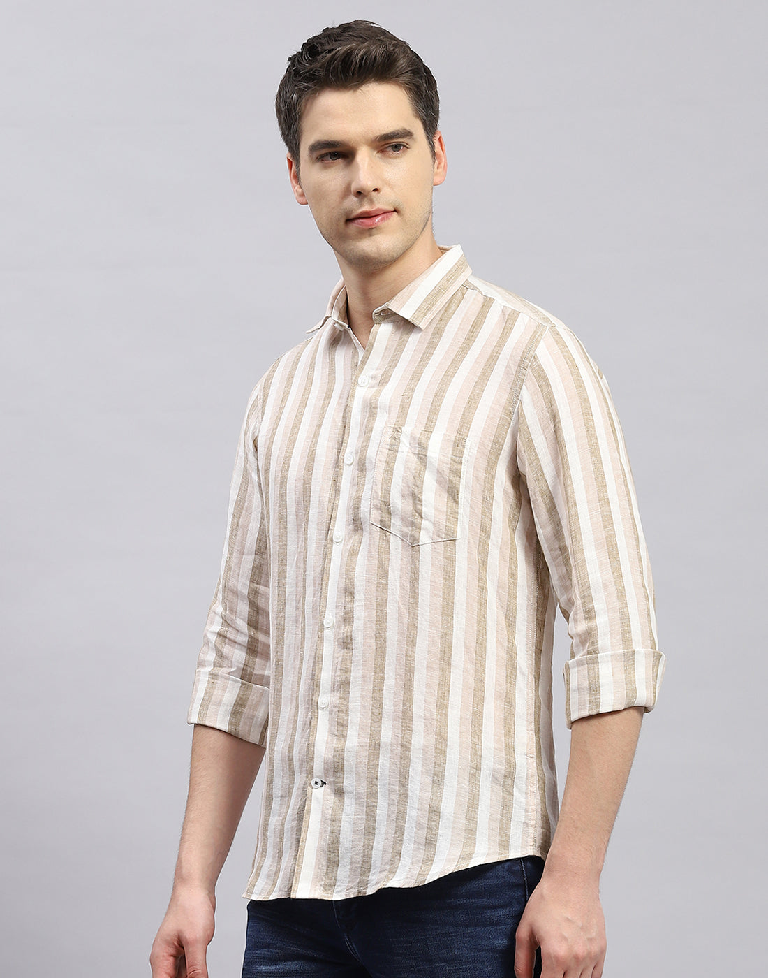 Men Brown Stripe Collar Full Sleeve Linen Shirt