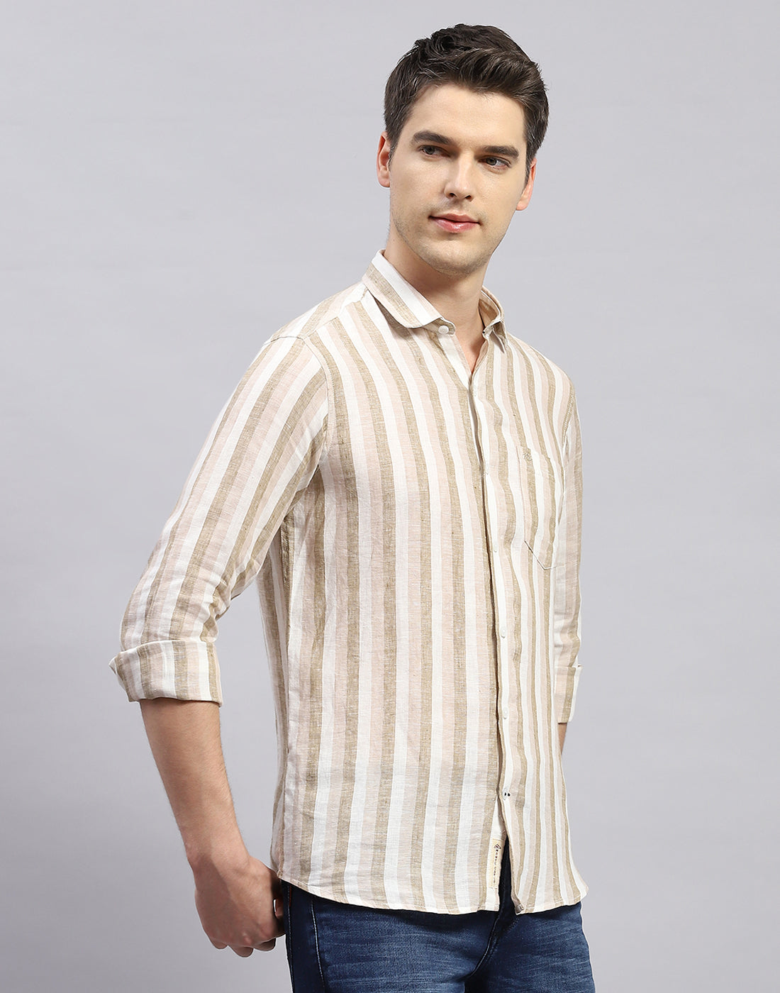 Men Brown Stripe Collar Full Sleeve Linen Shirt