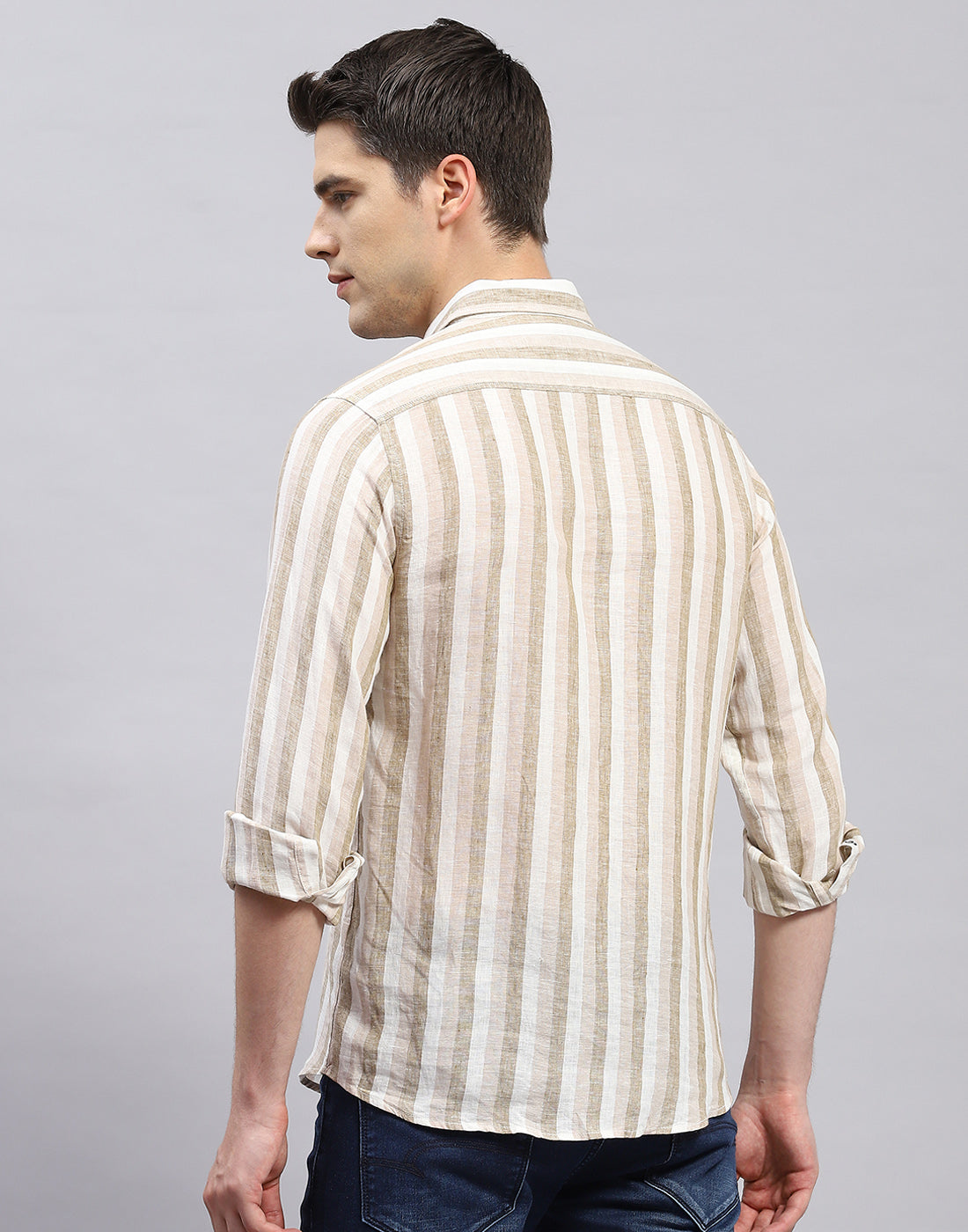 Men Brown Stripe Collar Full Sleeve Linen Shirt