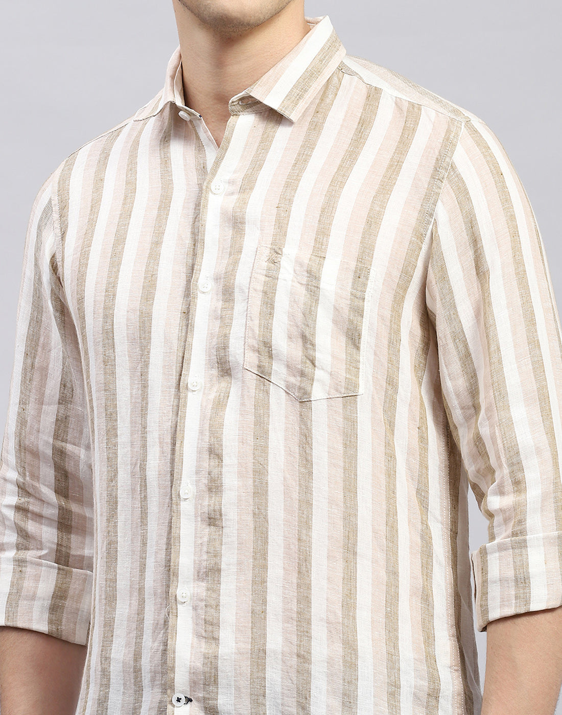 Men Brown Stripe Collar Full Sleeve Linen Shirt