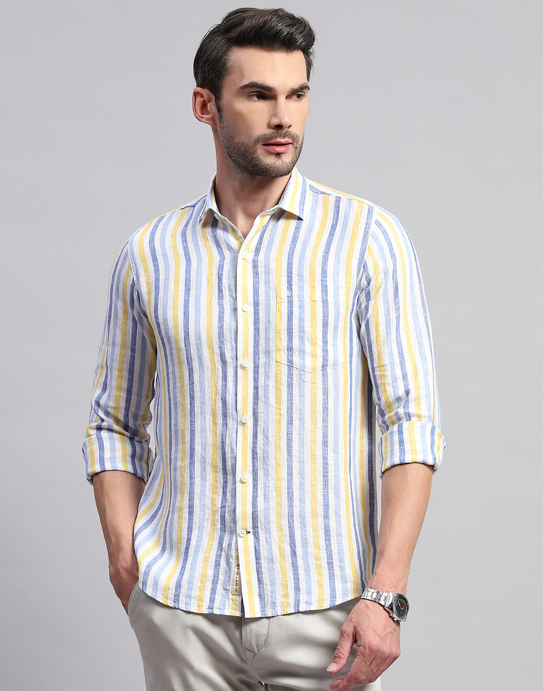 Men Blue Stripe Collar Neck Full Sleeve Linen Shirt