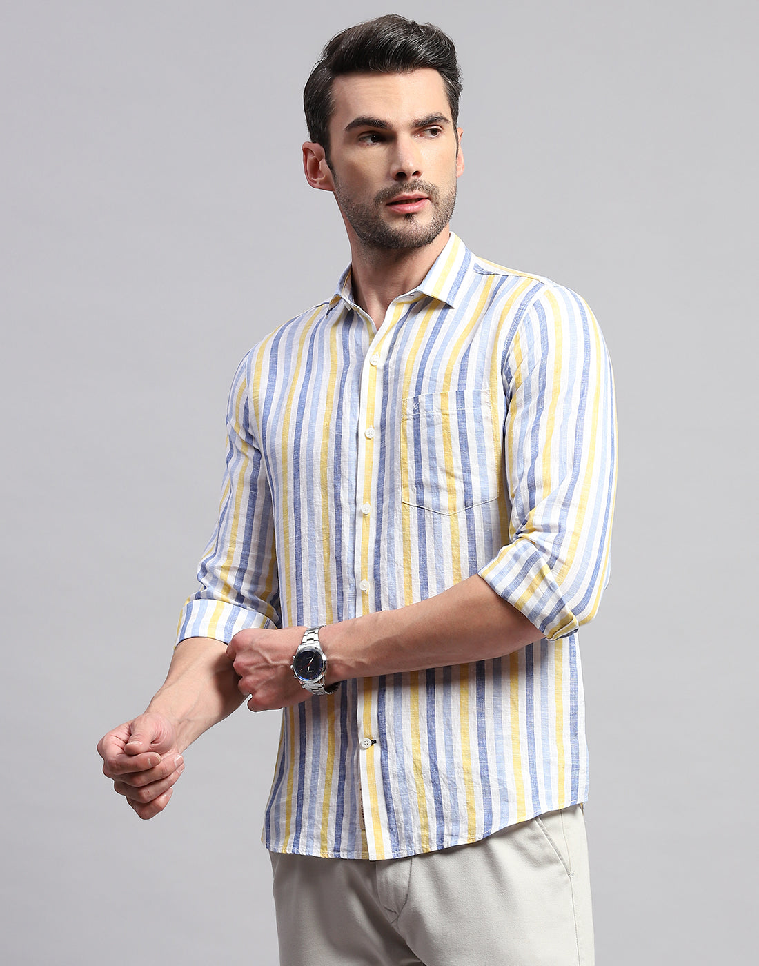Men Blue Stripe Collar Neck Full Sleeve Linen Shirt