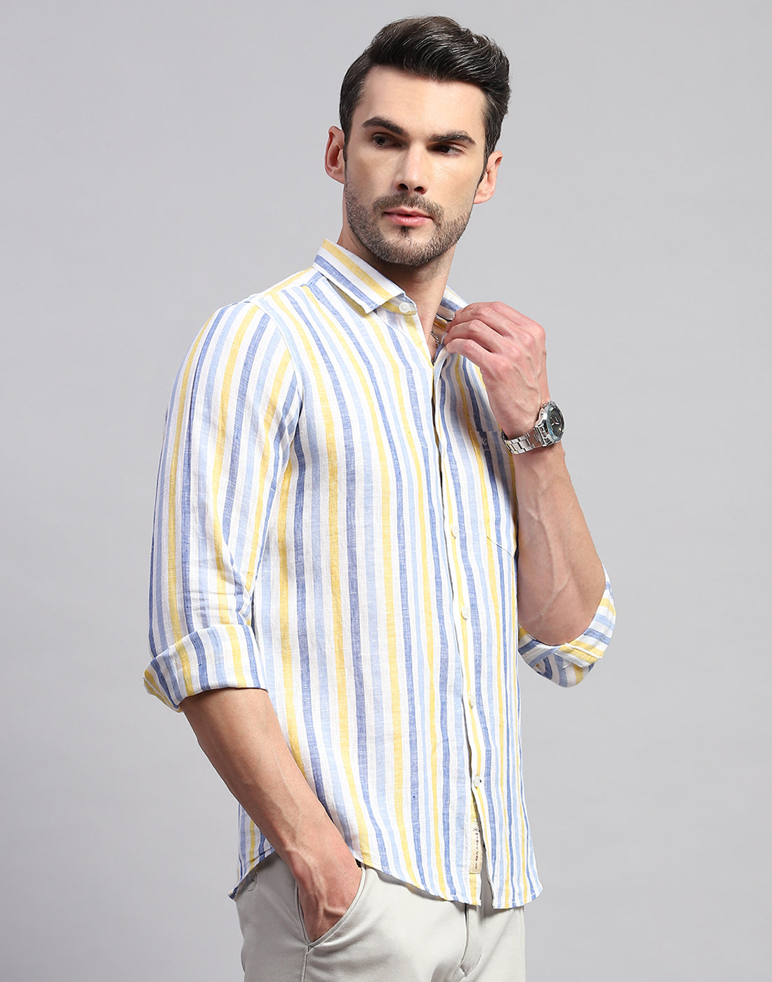 Men Blue Stripe Collar Neck Full Sleeve Linen Shirt