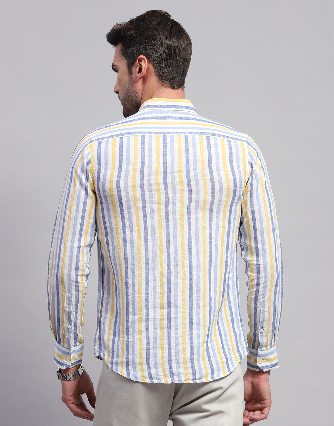 Men Blue Stripe Collar Neck Full Sleeve Linen Shirt