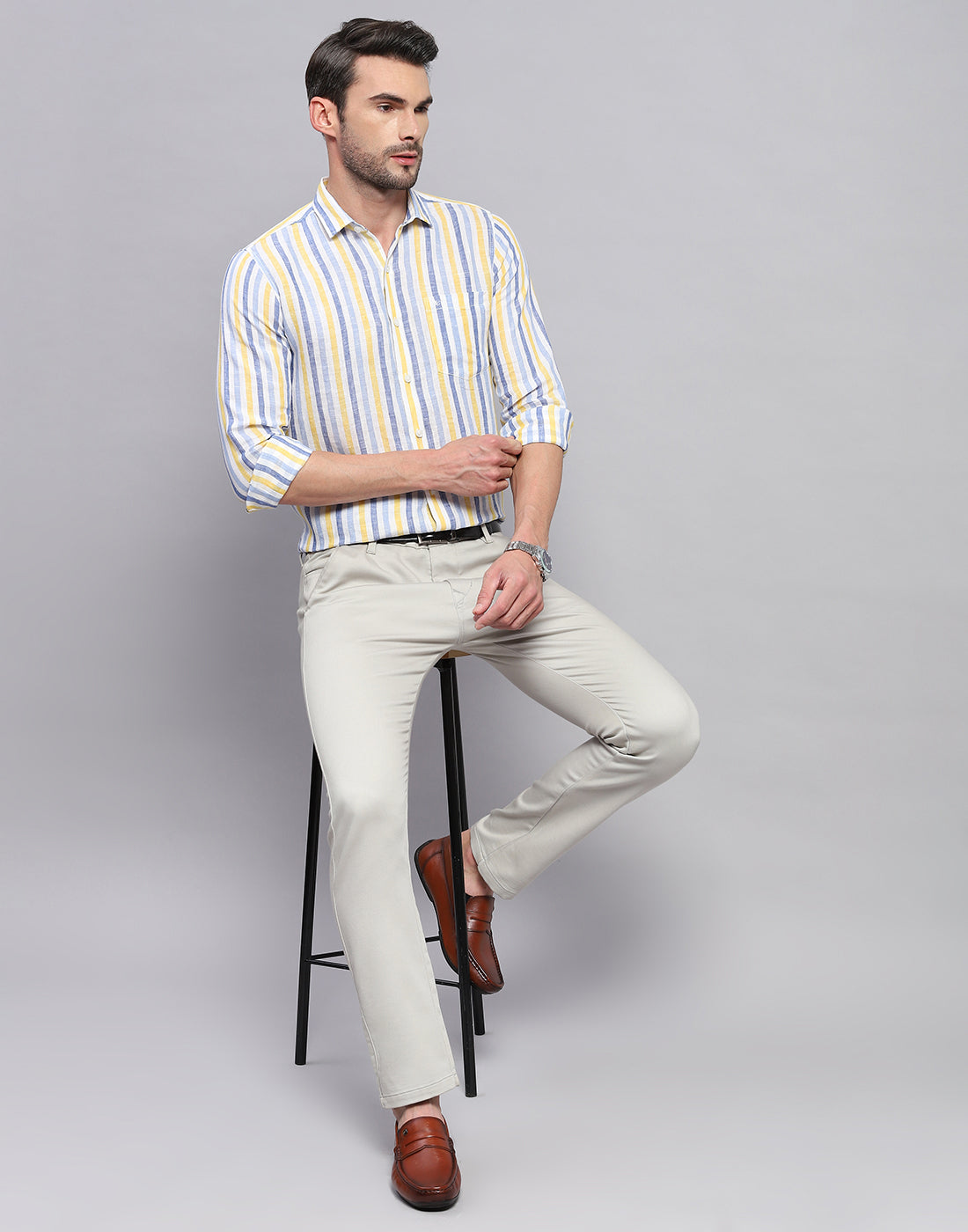Men Blue Stripe Collar Neck Full Sleeve Linen Shirt