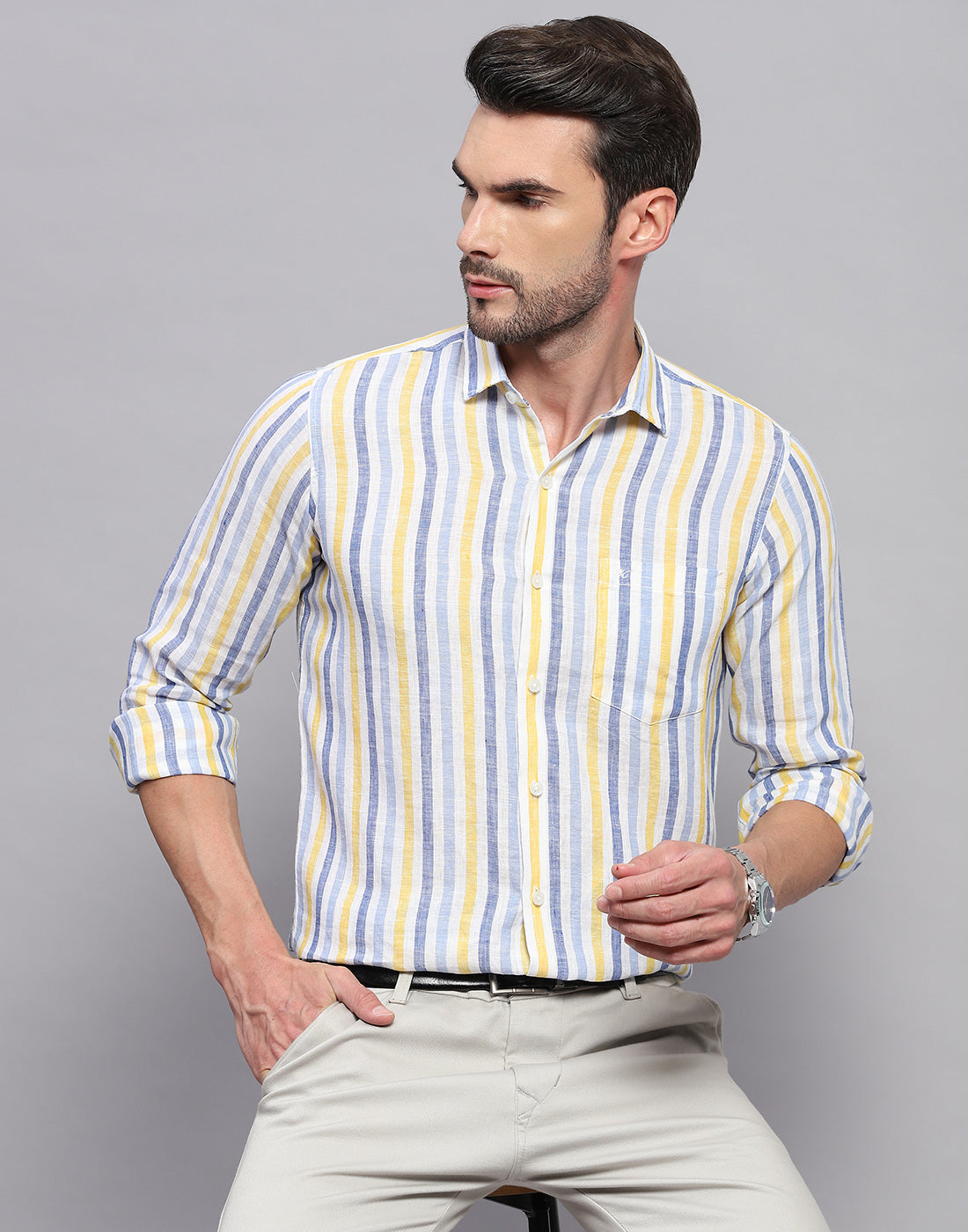 Men Blue Stripe Collar Neck Full Sleeve Linen Shirt