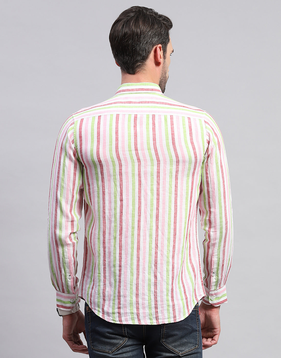 Men Red Stripe Collar Neck Full Sleeve Linen Shirt