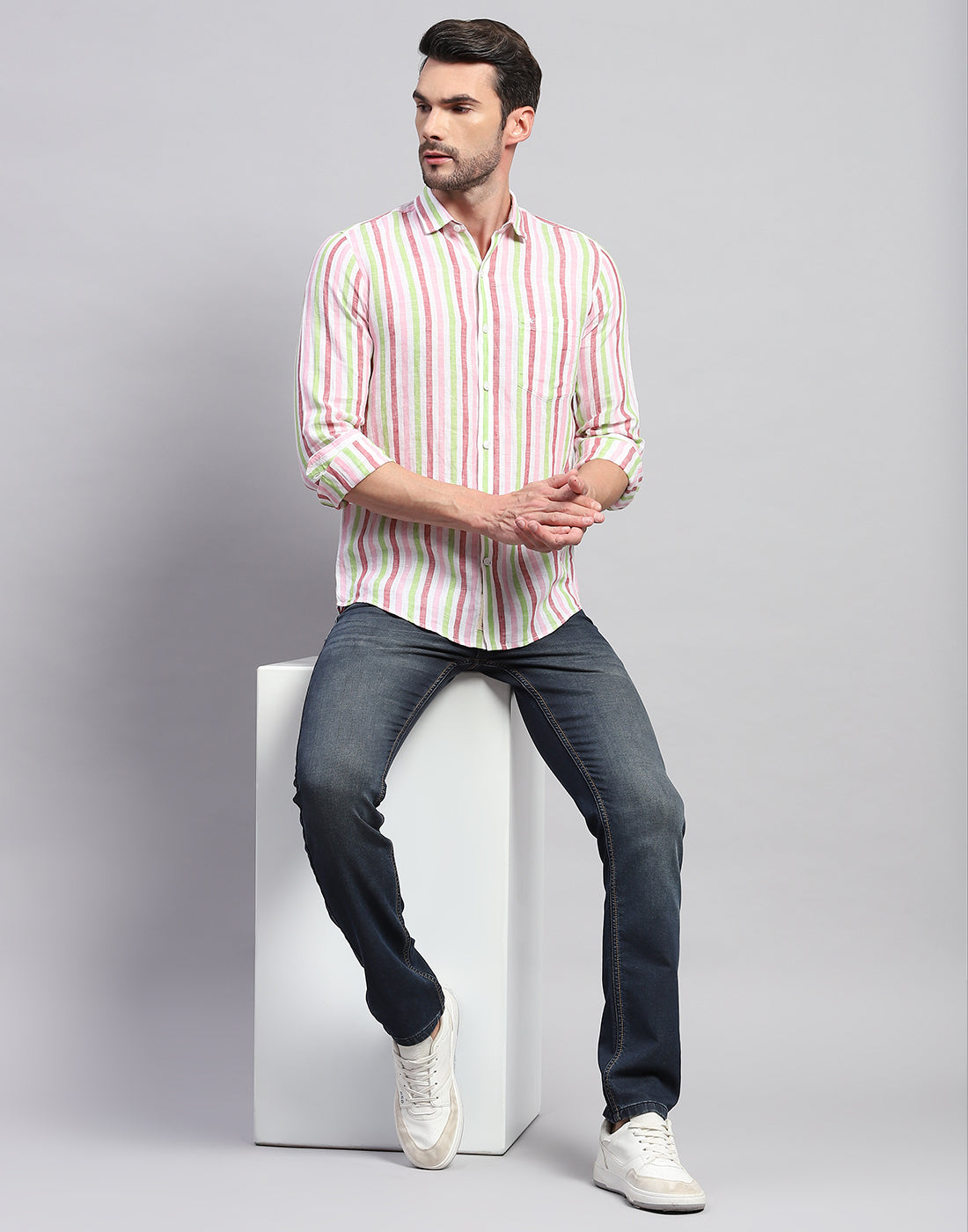 Men Red Stripe Collar Neck Full Sleeve Linen Shirt