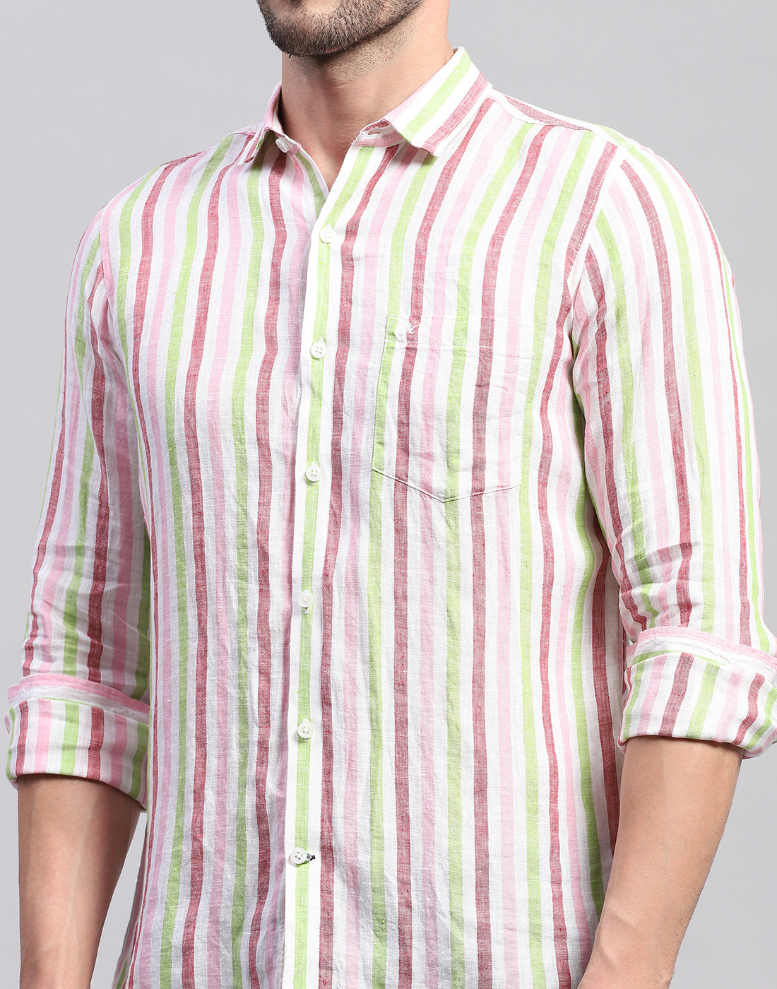 Men Red Stripe Collar Neck Full Sleeve Linen Shirt