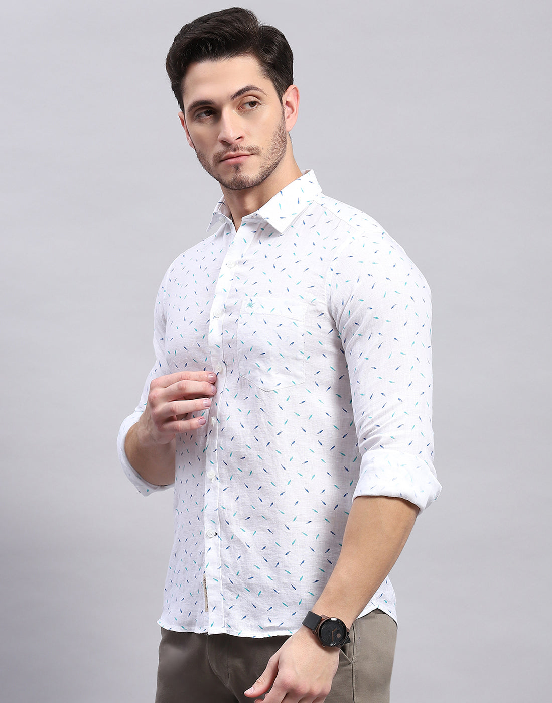 Men Aqua Blue Printed Collar Full Sleeve Linen Shirt