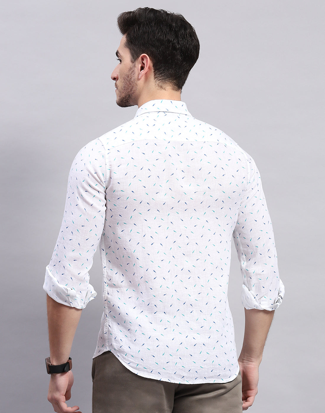 Men Aqua Blue Printed Collar Full Sleeve Linen Shirt
