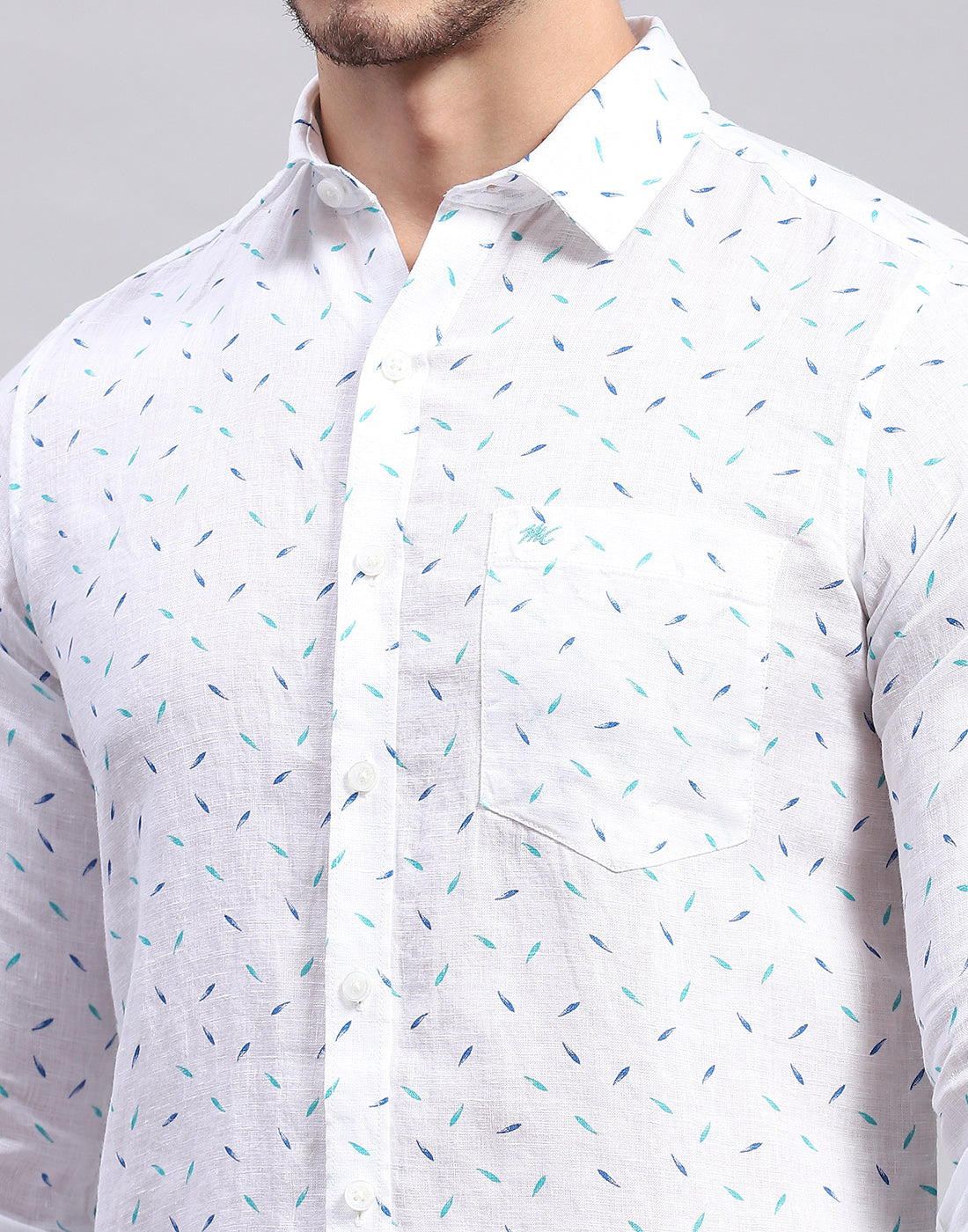 Men Aqua Blue Printed Collar Full Sleeve Linen Shirt