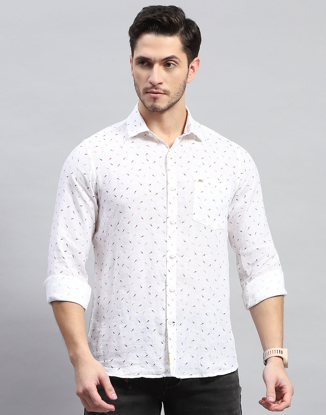 Men Brown Printed Collar Full Sleeve Linen Shirt