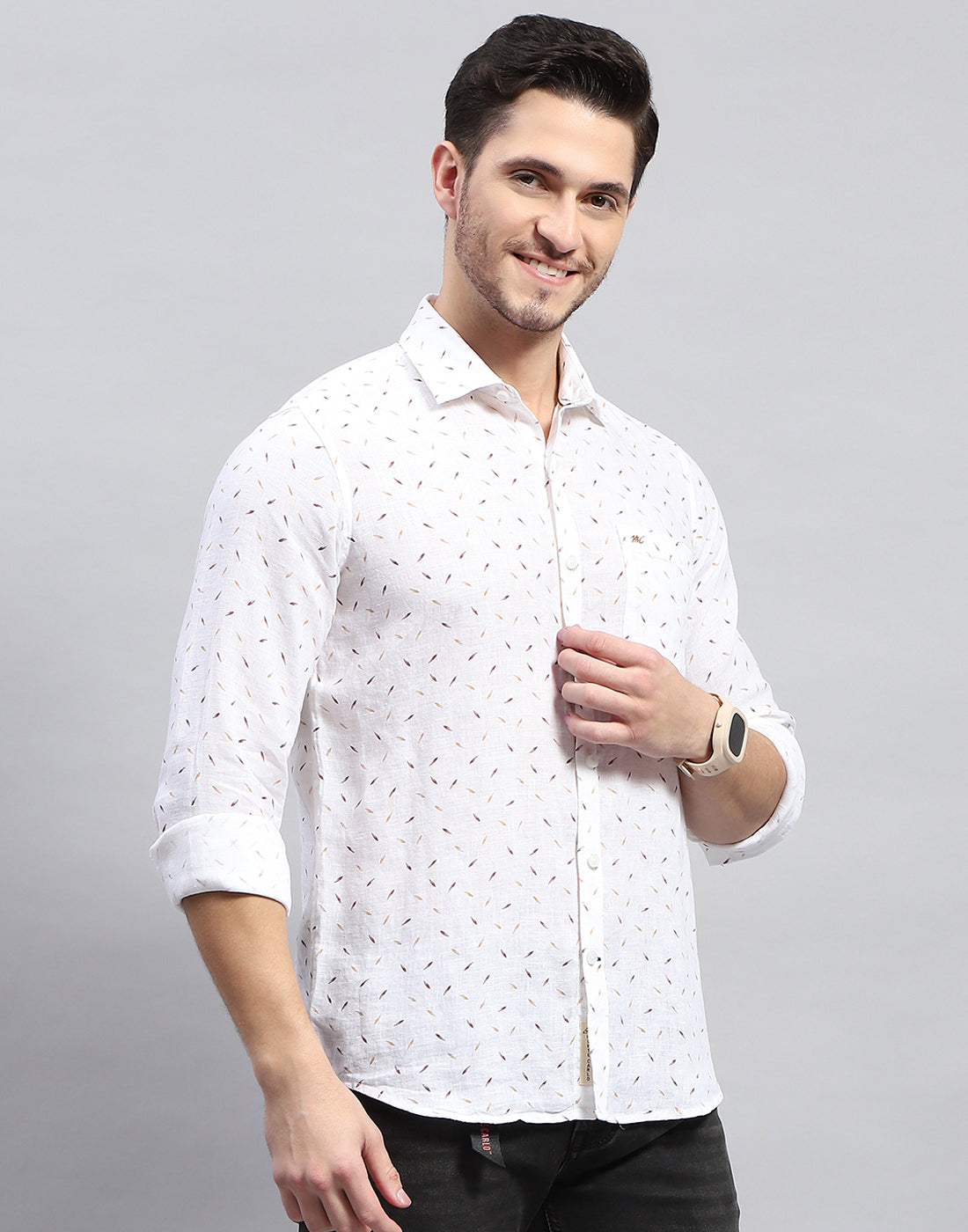 Men Brown Printed Collar Full Sleeve Linen Shirt