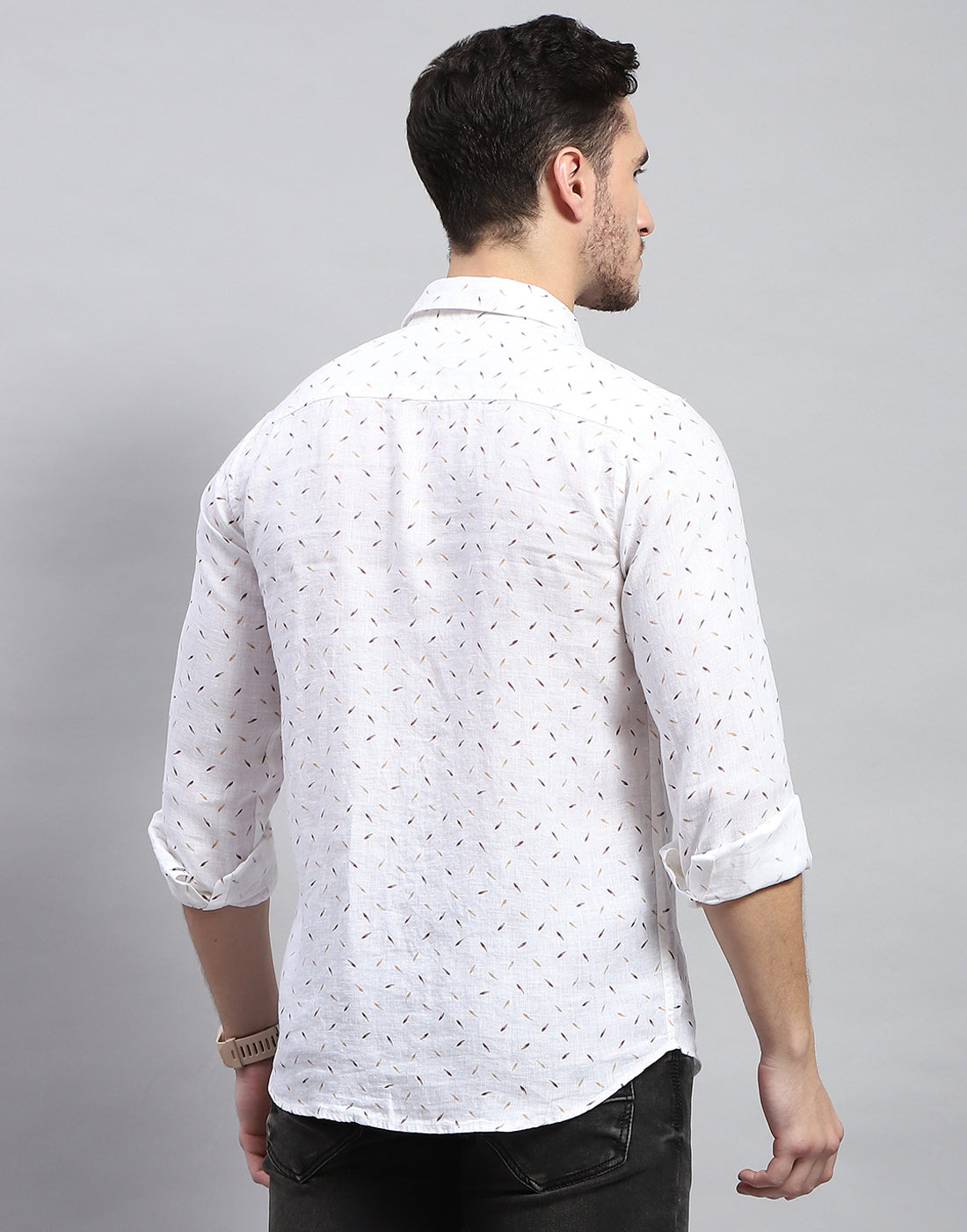 Men Brown Printed Collar Full Sleeve Linen Shirt