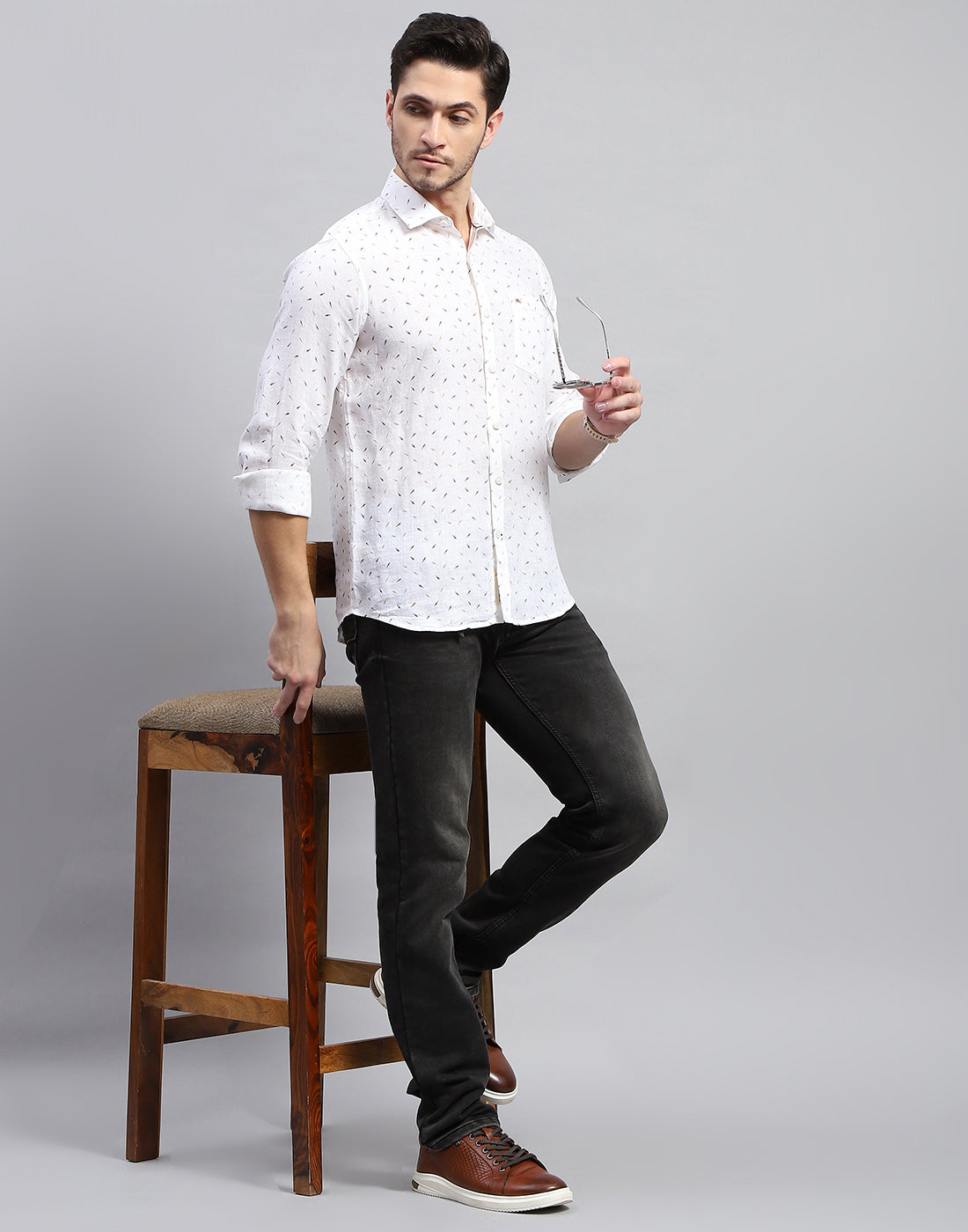 Men Brown Printed Collar Full Sleeve Linen Shirt