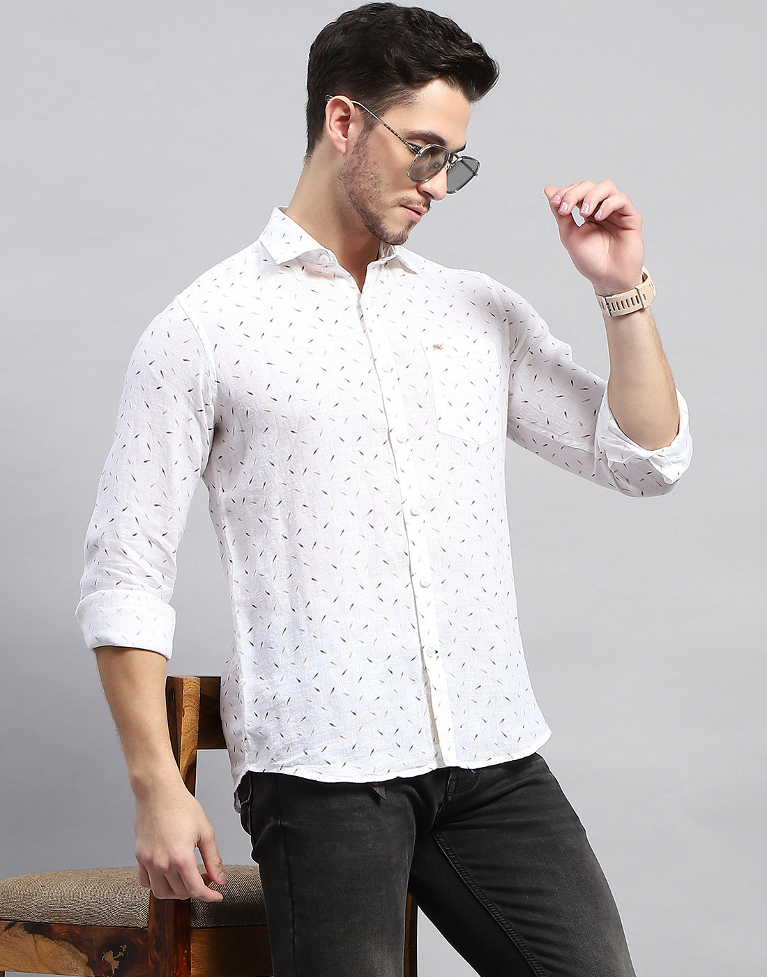 Men Brown Printed Collar Full Sleeve Linen Shirt