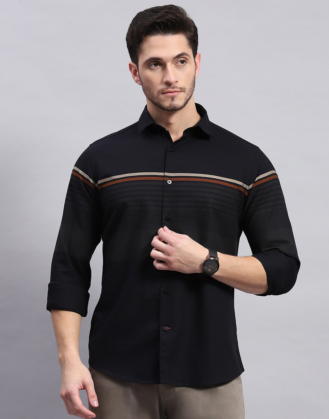 Men Black Stripe Collar Full Sleeve Shirt