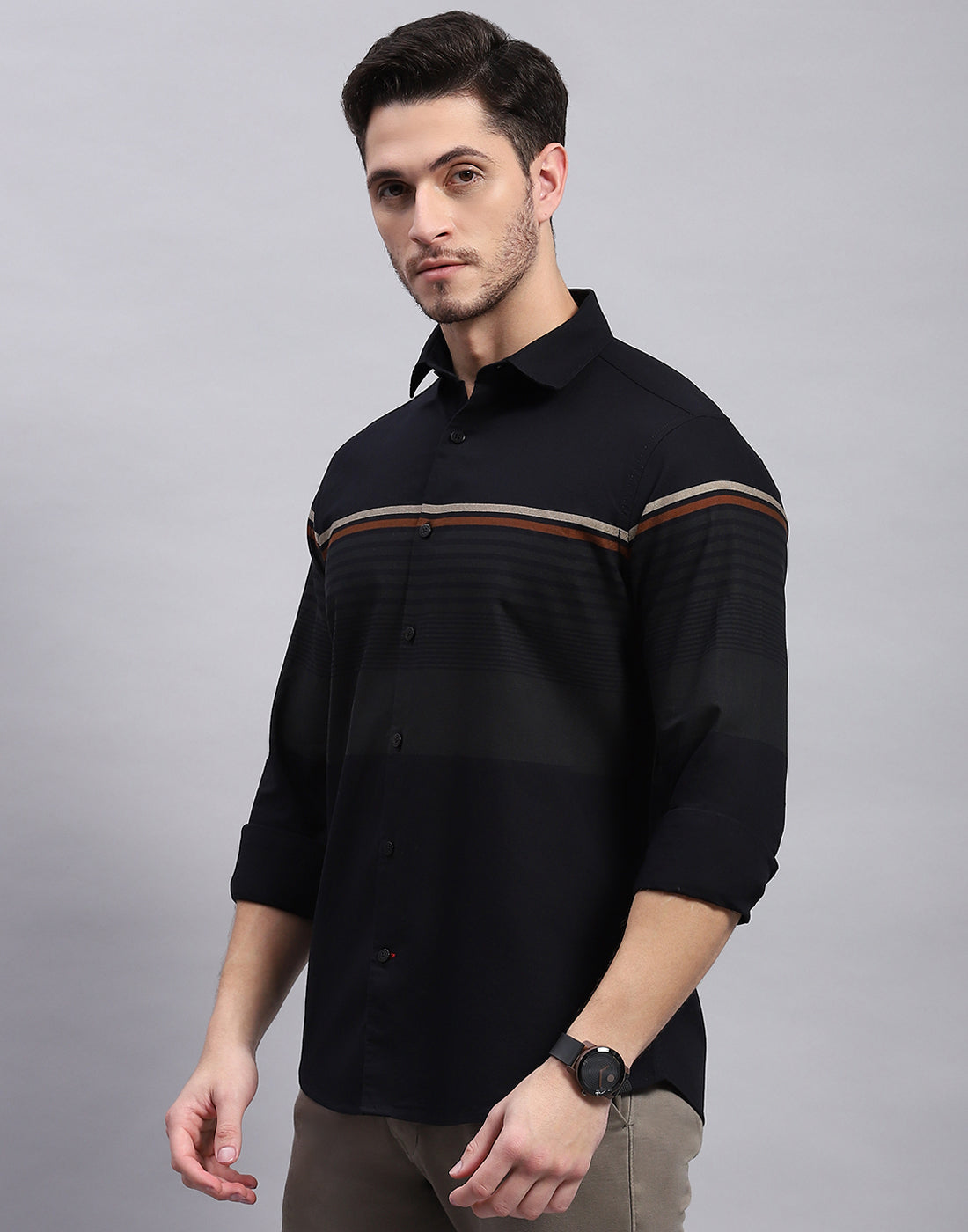 Men Black Stripe Collar Full Sleeve Shirt