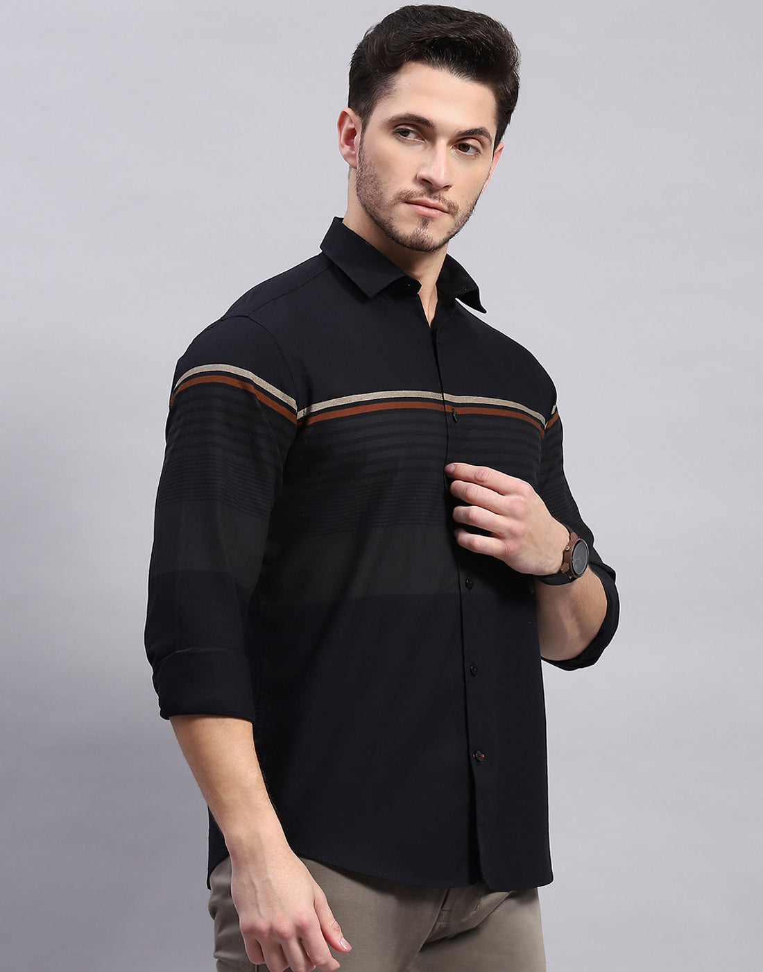 Men Black Stripe Collar Full Sleeve Shirt