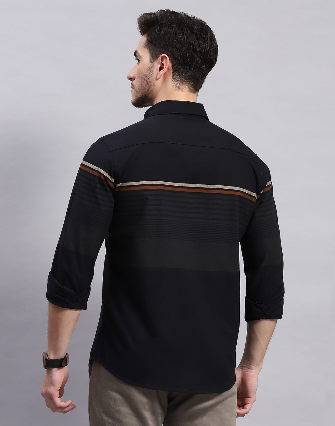 Men Black Stripe Collar Full Sleeve Shirt