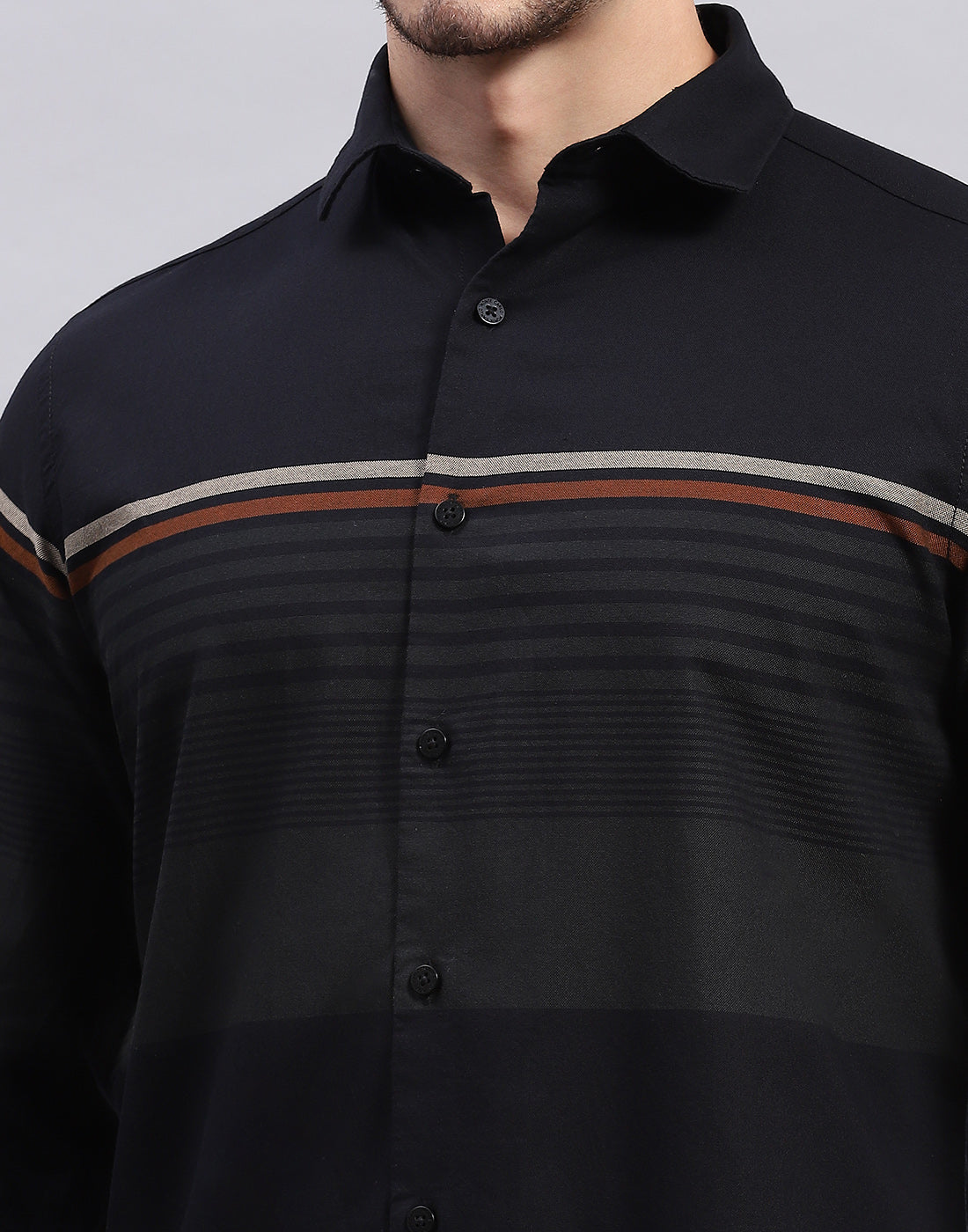 Men Black Stripe Collar Full Sleeve Shirt