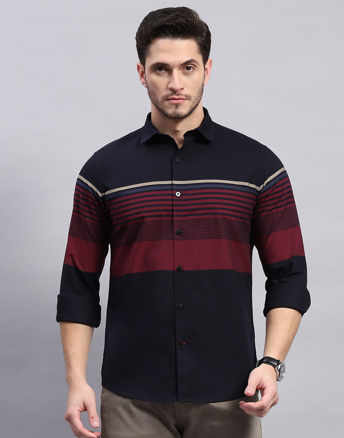 Men Navy Blue Stripe Collar Full Sleeve Shirt