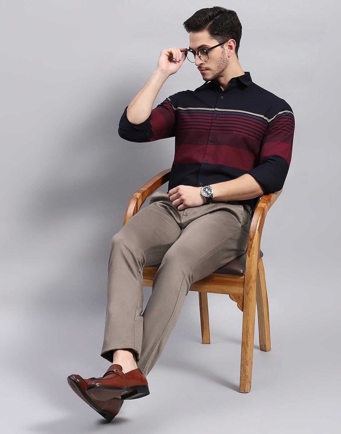 Men Navy Blue Stripe Collar Full Sleeve Shirt