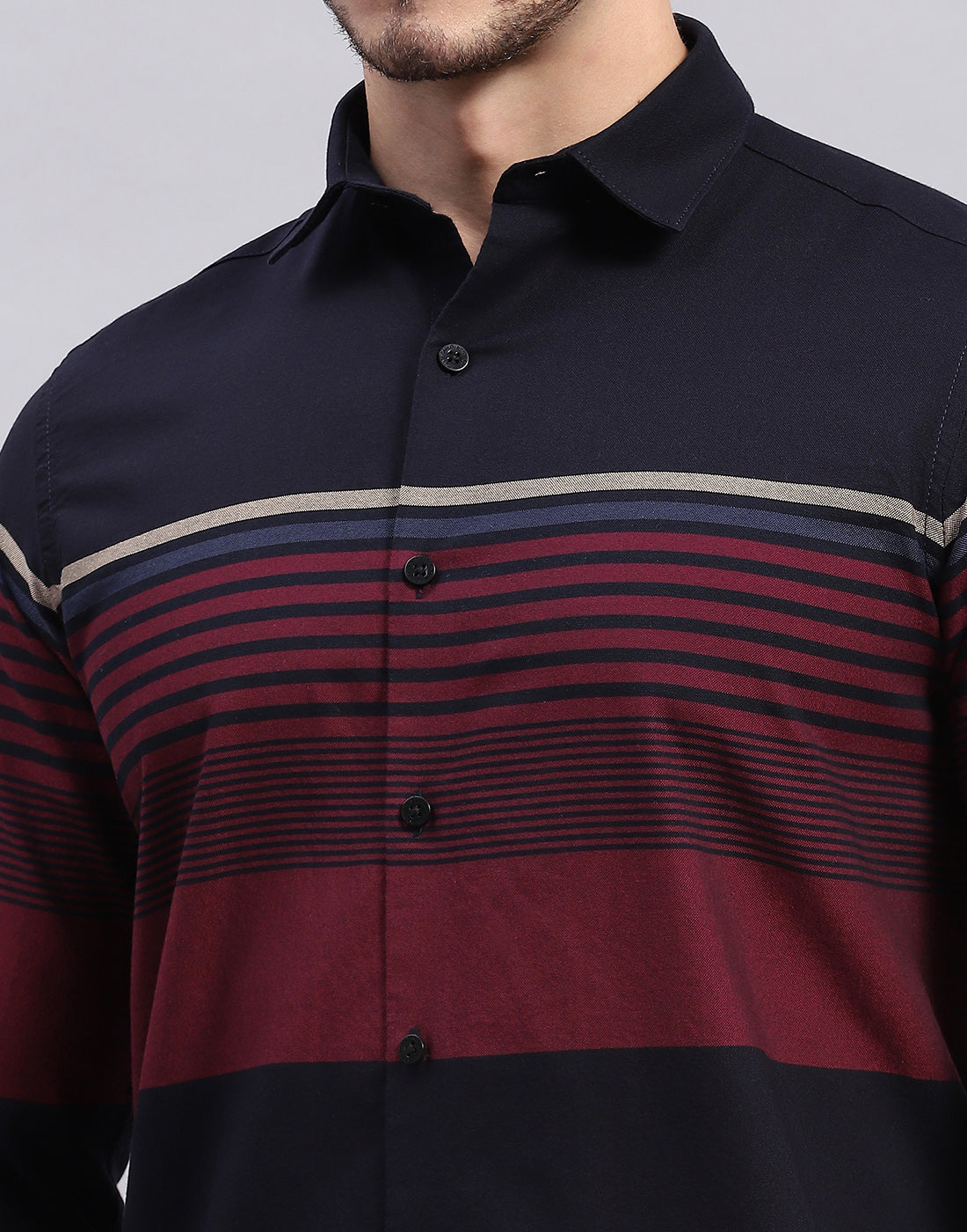 Men Navy Blue Stripe Collar Full Sleeve Shirt