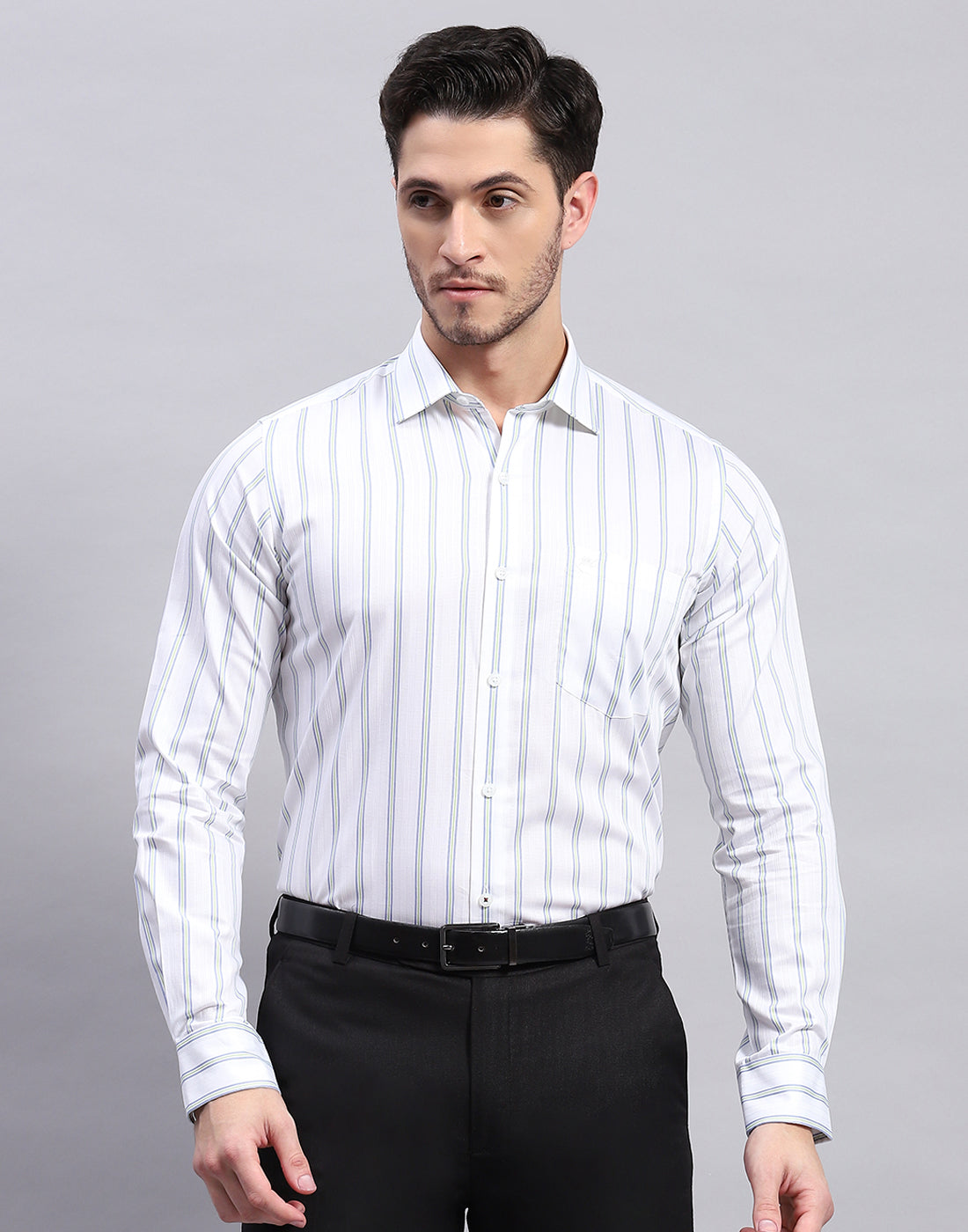 Men Green Stripe Collar Full Sleeve Shirt
