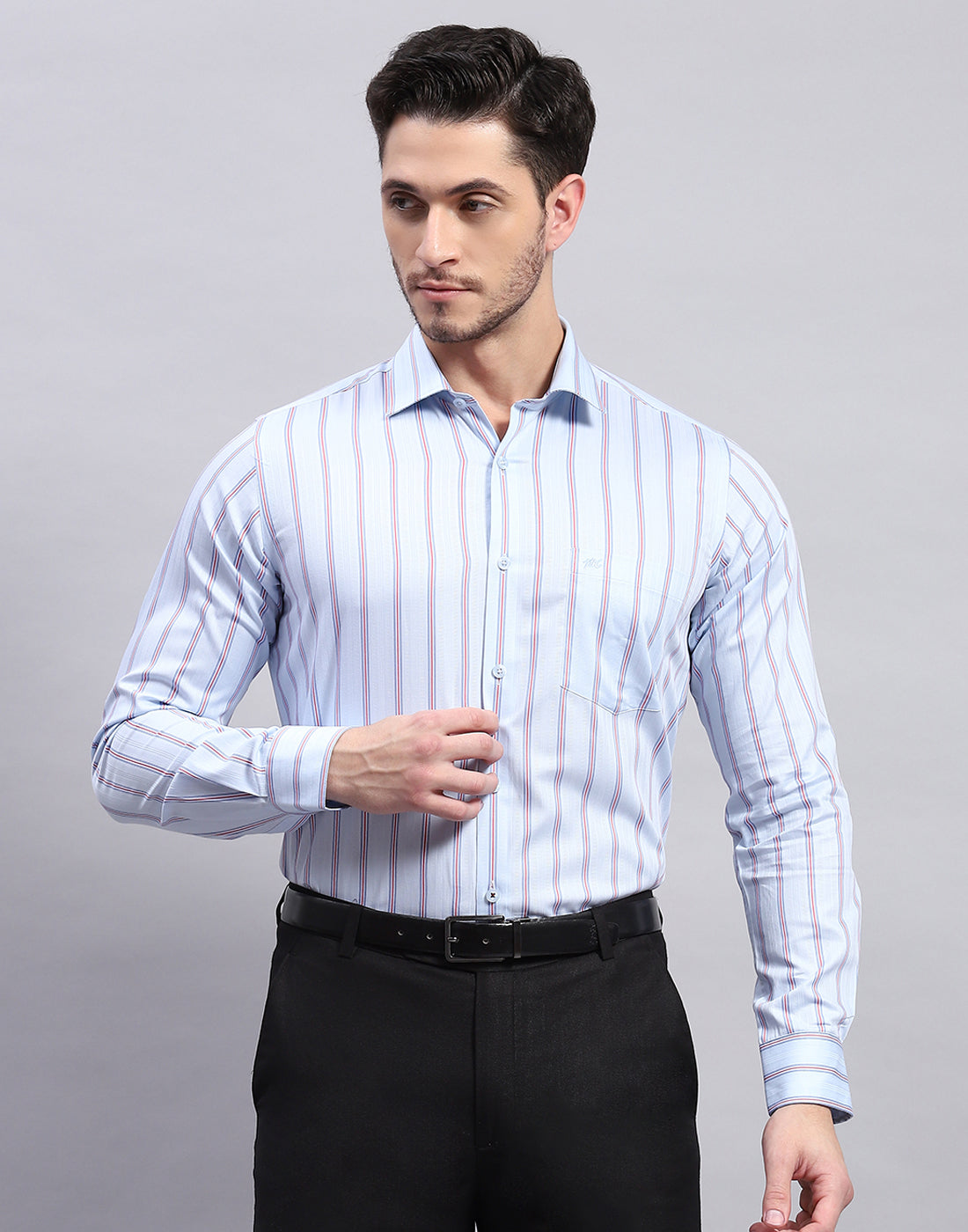 Men Sky Blue Stripe Collar Full Sleeve Shirt