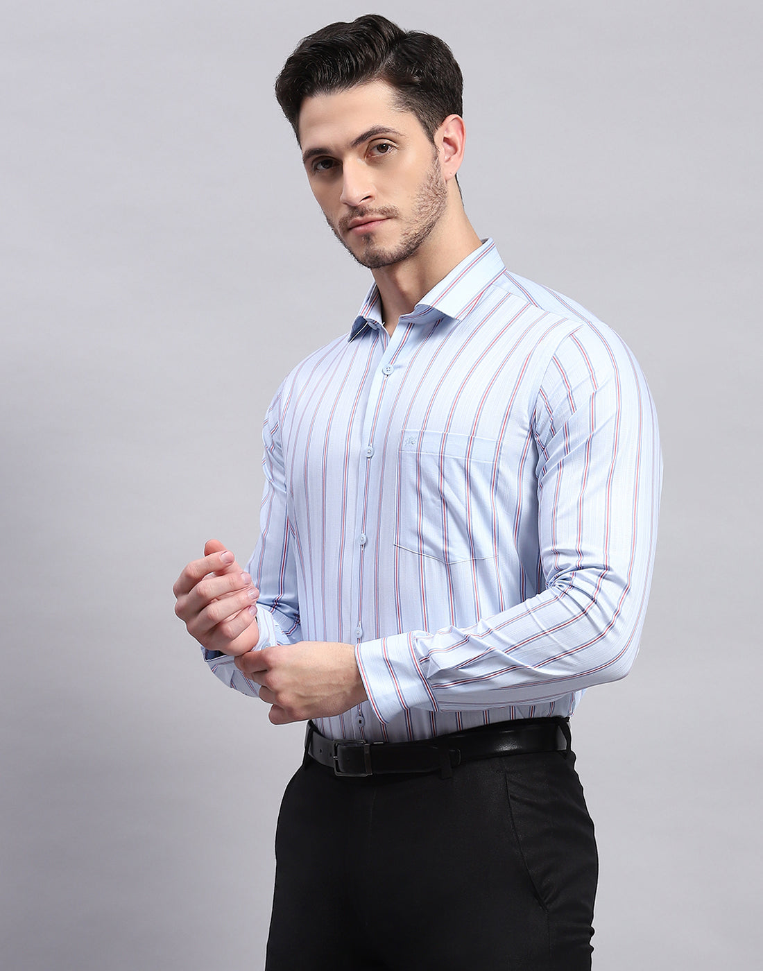 Men Sky Blue Stripe Collar Full Sleeve Shirt