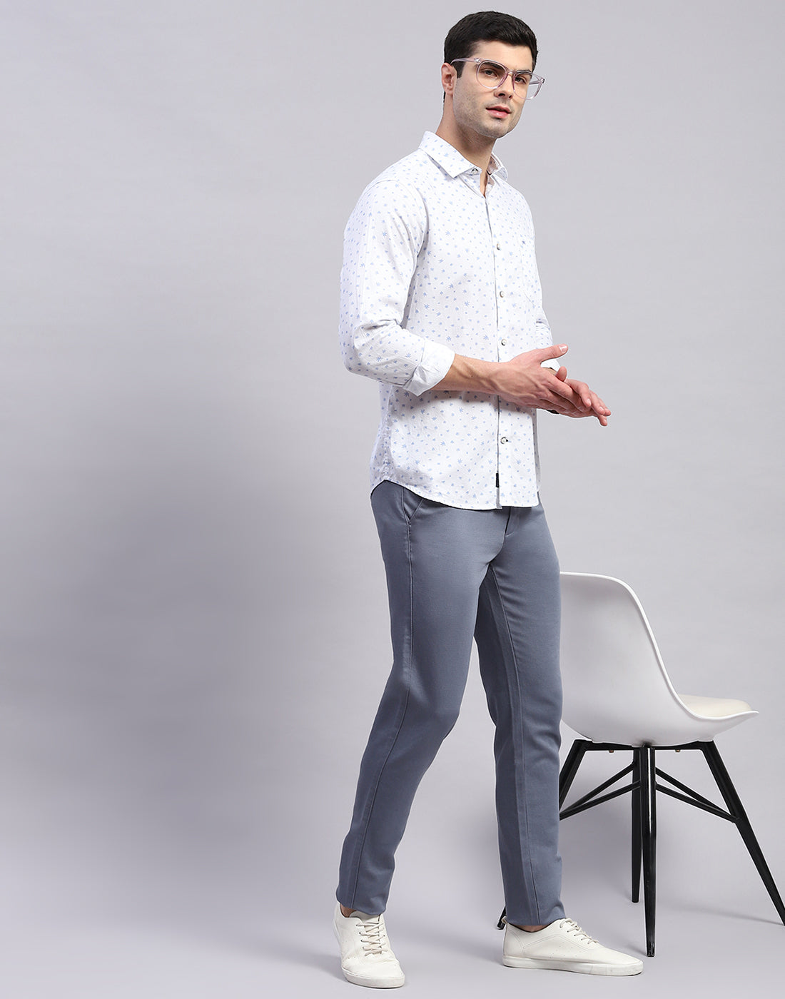 Men Blue Printed Collar Full Sleeve Shirt