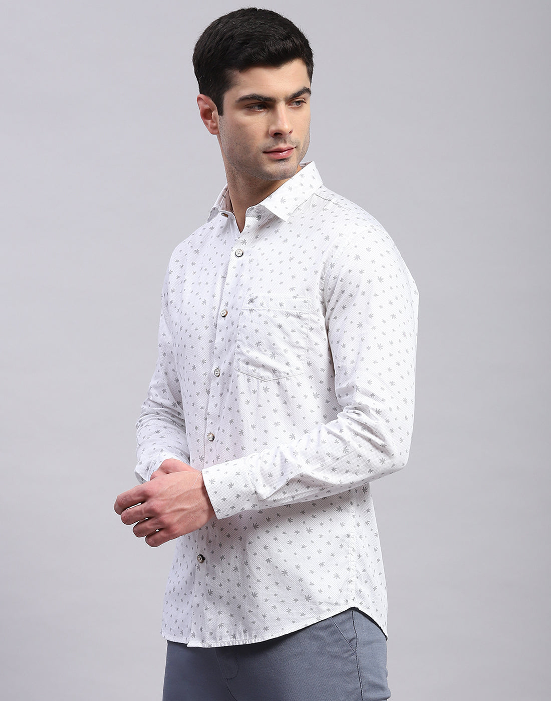 Men Grey Printed Collar Full Sleeve Shirt