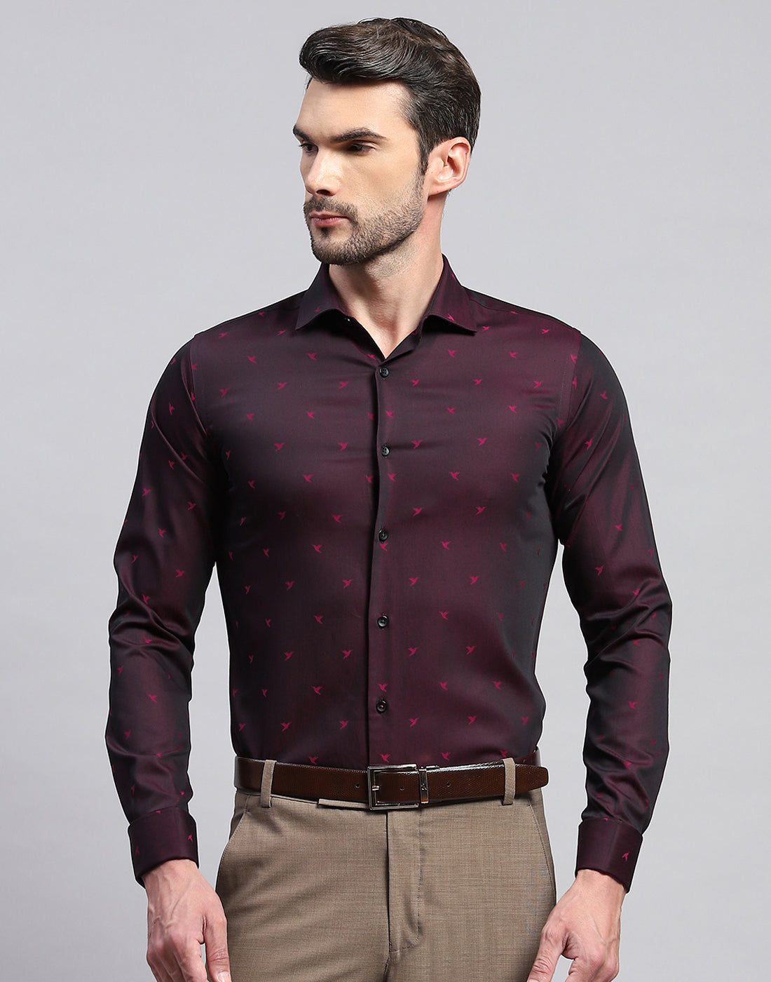 Men Maroon Printed Collar Neck Full Sleeve Shirt